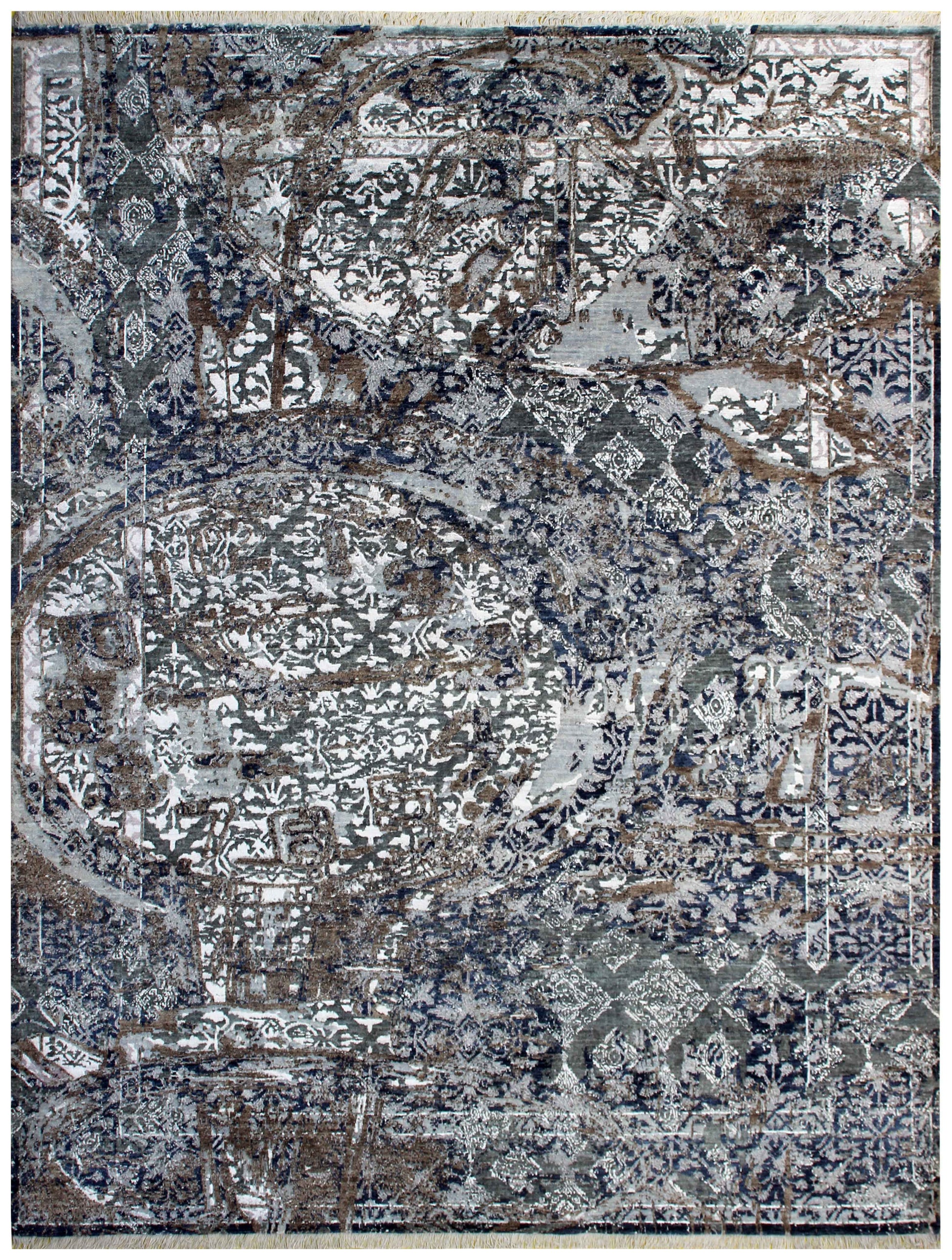 Steel Blue Grey Brown Bronze Ivory Medallion Floral Lattice Hand Knotted Wool Viscose 8x10 Bhadohi Area Rug