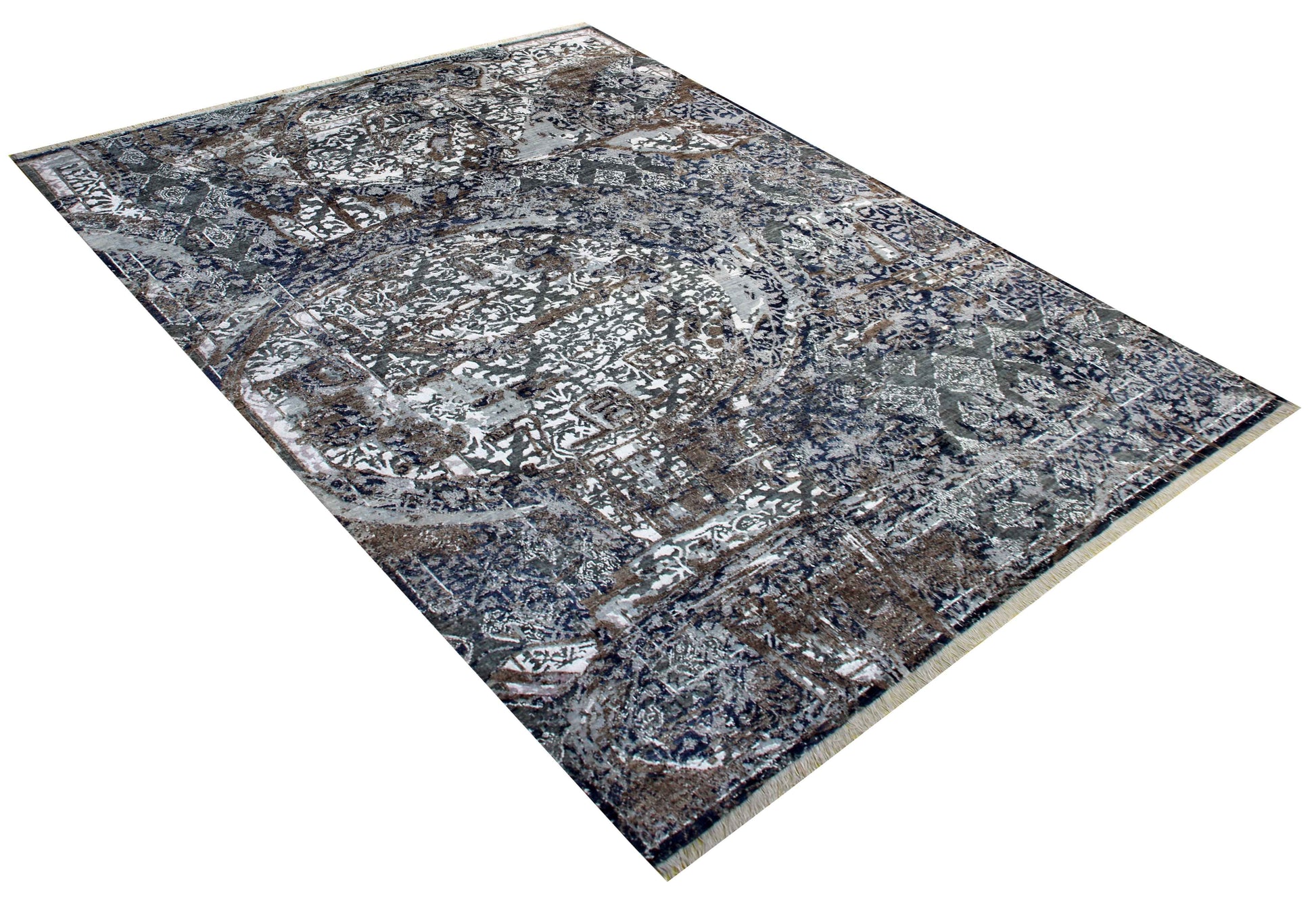 Steel Blue Grey Brown Bronze Ivory Medallion Floral Lattice Hand Knotted Wool Viscose 8x10 Bhadohi Area Rug