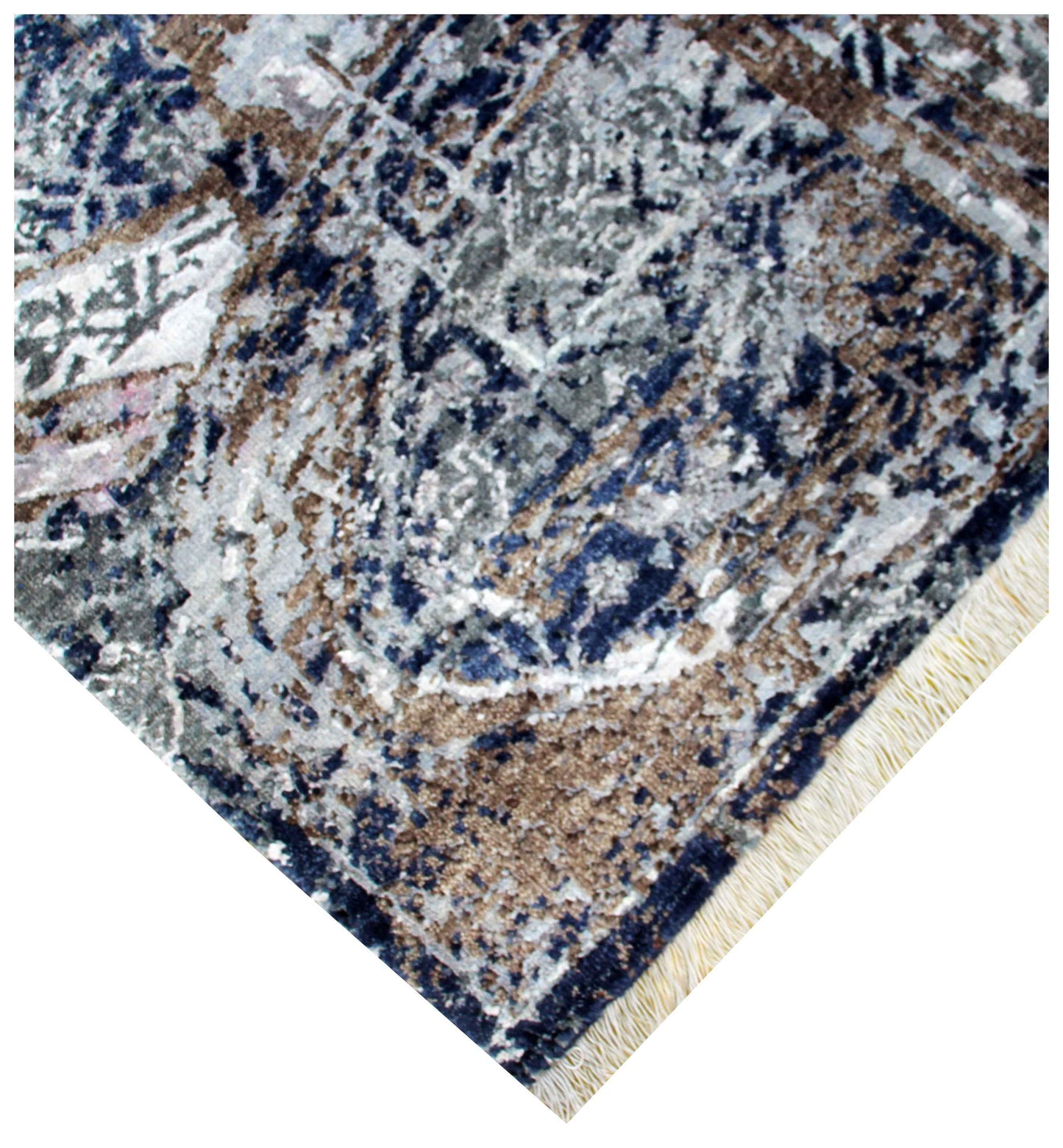 Steel Blue Grey Brown Bronze Ivory Medallion Floral Lattice Hand Knotted Wool Viscose 8x10 Bhadohi Area Rug