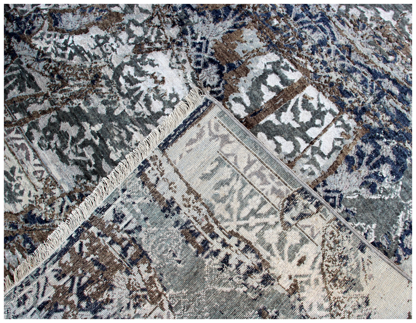Steel Blue Grey Brown Bronze Ivory Medallion Floral Lattice Hand Knotted Wool Viscose 8x10 Bhadohi Area Rug