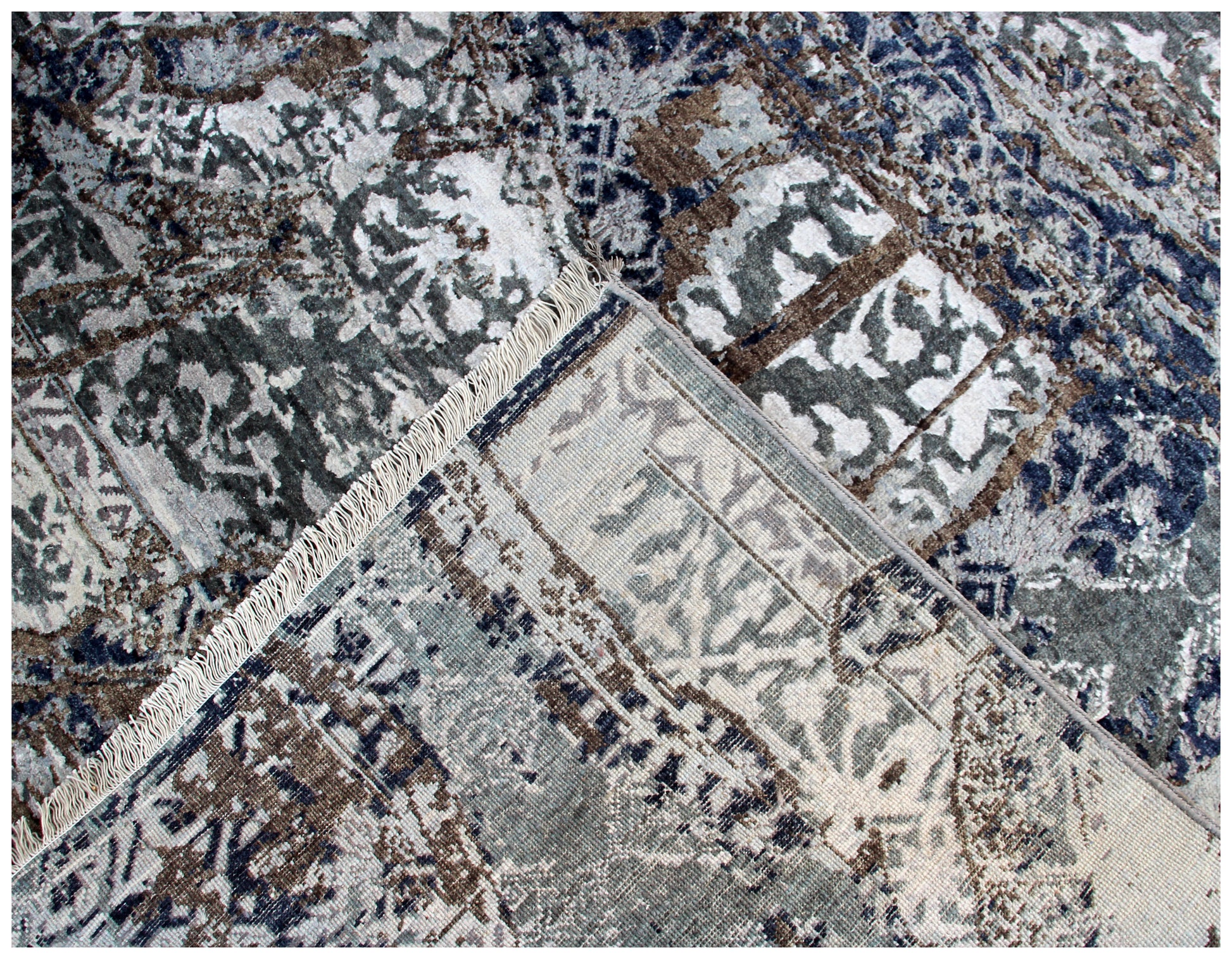 Steel Blue Grey Brown Bronze Ivory Medallion Floral Lattice Hand Knotted Wool Viscose 8x10 Bhadohi Area Rug
