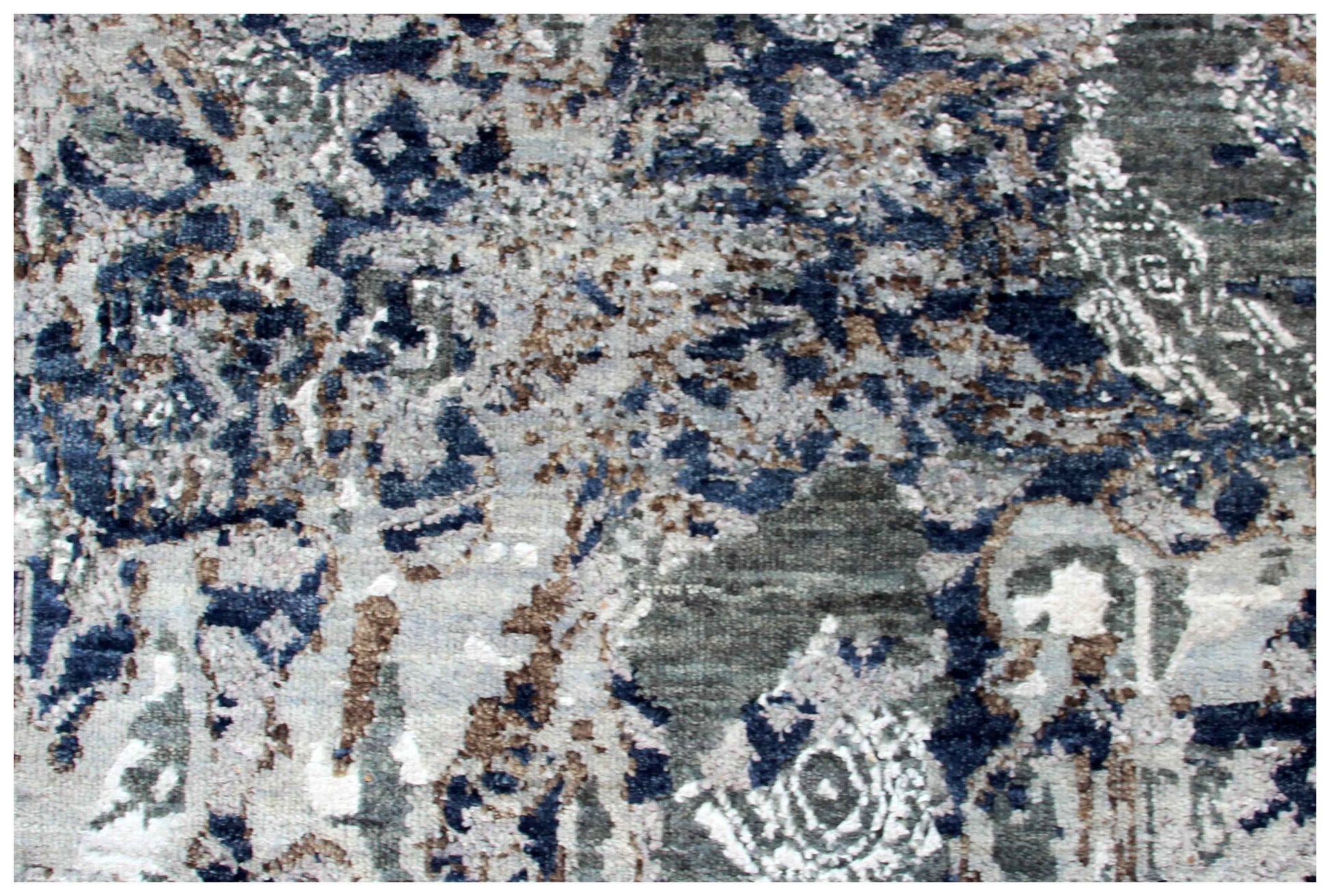 Steel Blue Grey Brown Bronze Ivory Medallion Floral Lattice Hand Knotted Wool Viscose 8x10 Bhadohi Area Rug
