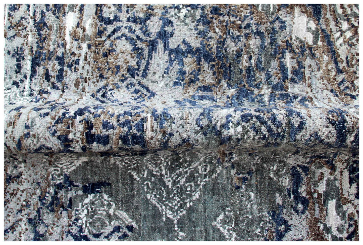 Steel Blue Grey Brown Bronze Ivory Medallion Floral Lattice Hand Knotted Wool Viscose 8x10 Bhadohi Area Rug