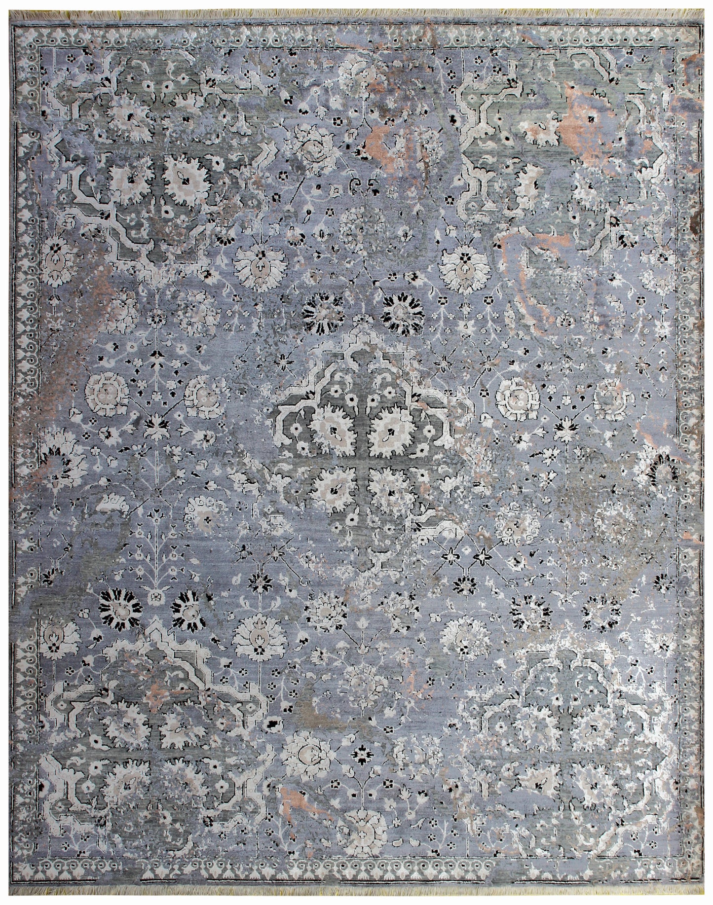 8x10 Hand Knotted Wool Viscose Steel Blue Ivory Blush Pink Traditional Persian Floral Bhadohi Area Rug