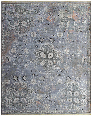 8x10 Hand Knotted Wool Viscose Steel Blue Ivory Blush Pink Traditional Persian Floral Bhadohi Area Rug