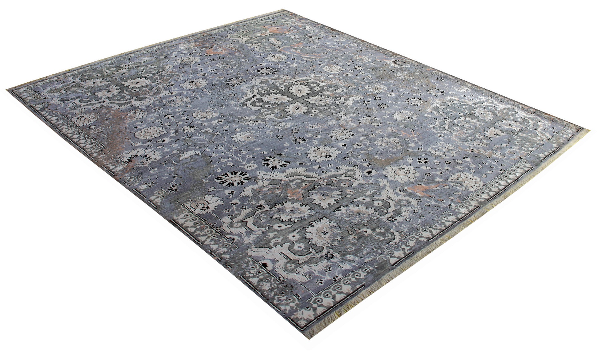 8x10 Hand Knotted Wool Viscose Steel Blue Ivory Blush Pink Traditional Persian Floral Bhadohi Area Rug