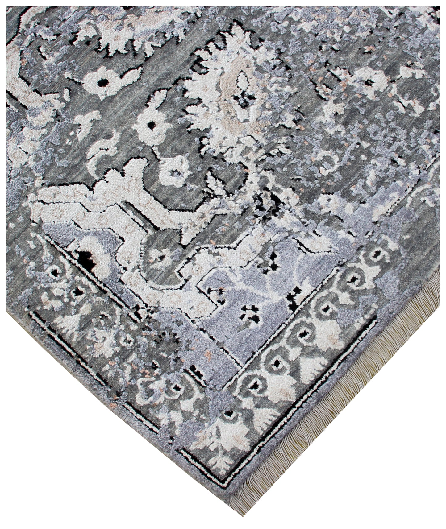 8x10 Hand Knotted Wool Viscose Steel Blue Ivory Blush Pink Traditional Persian Floral Bhadohi Area Rug