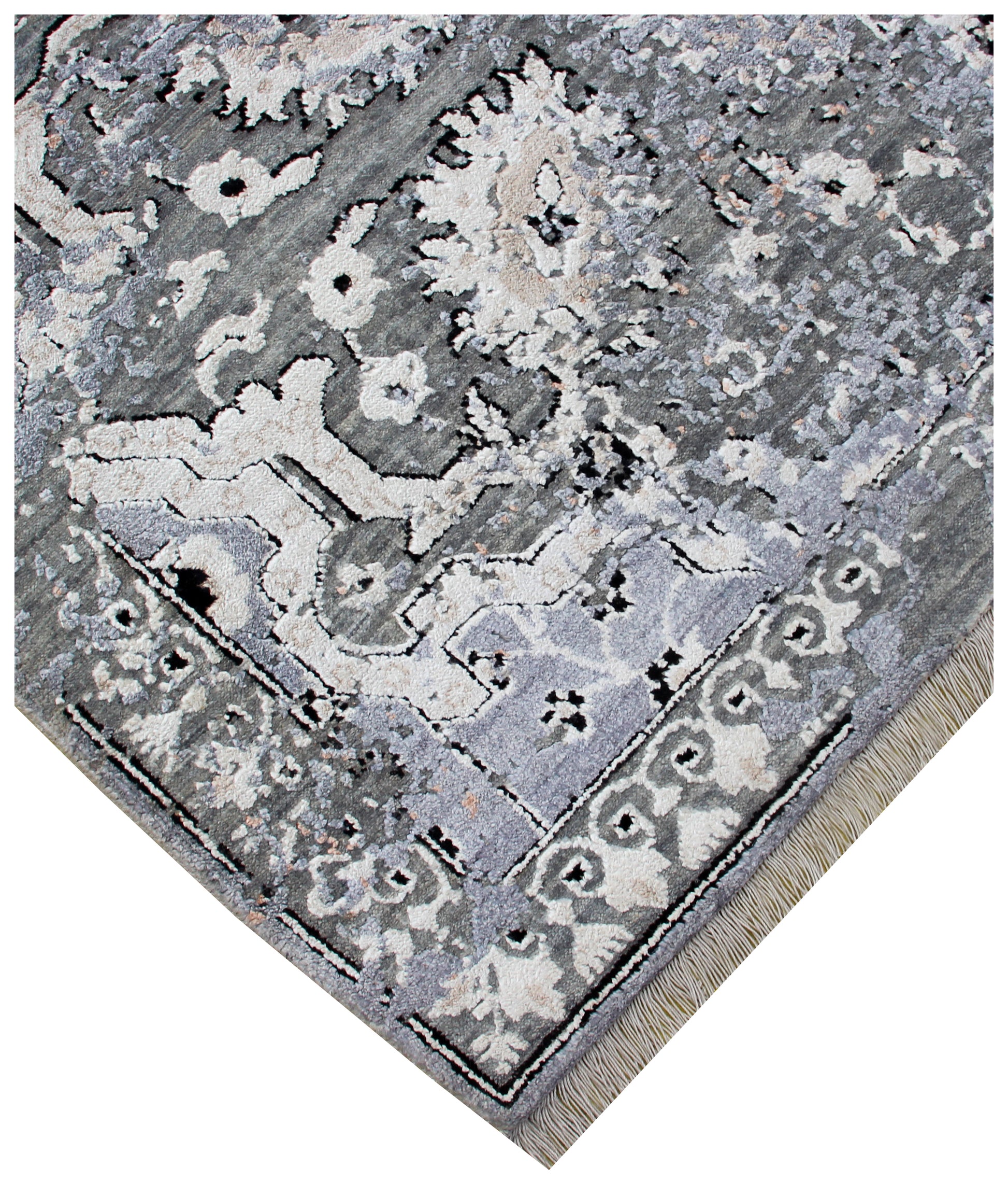 8x10 Hand Knotted Wool Viscose Steel Blue Ivory Blush Pink Traditional Persian Floral Bhadohi Area Rug