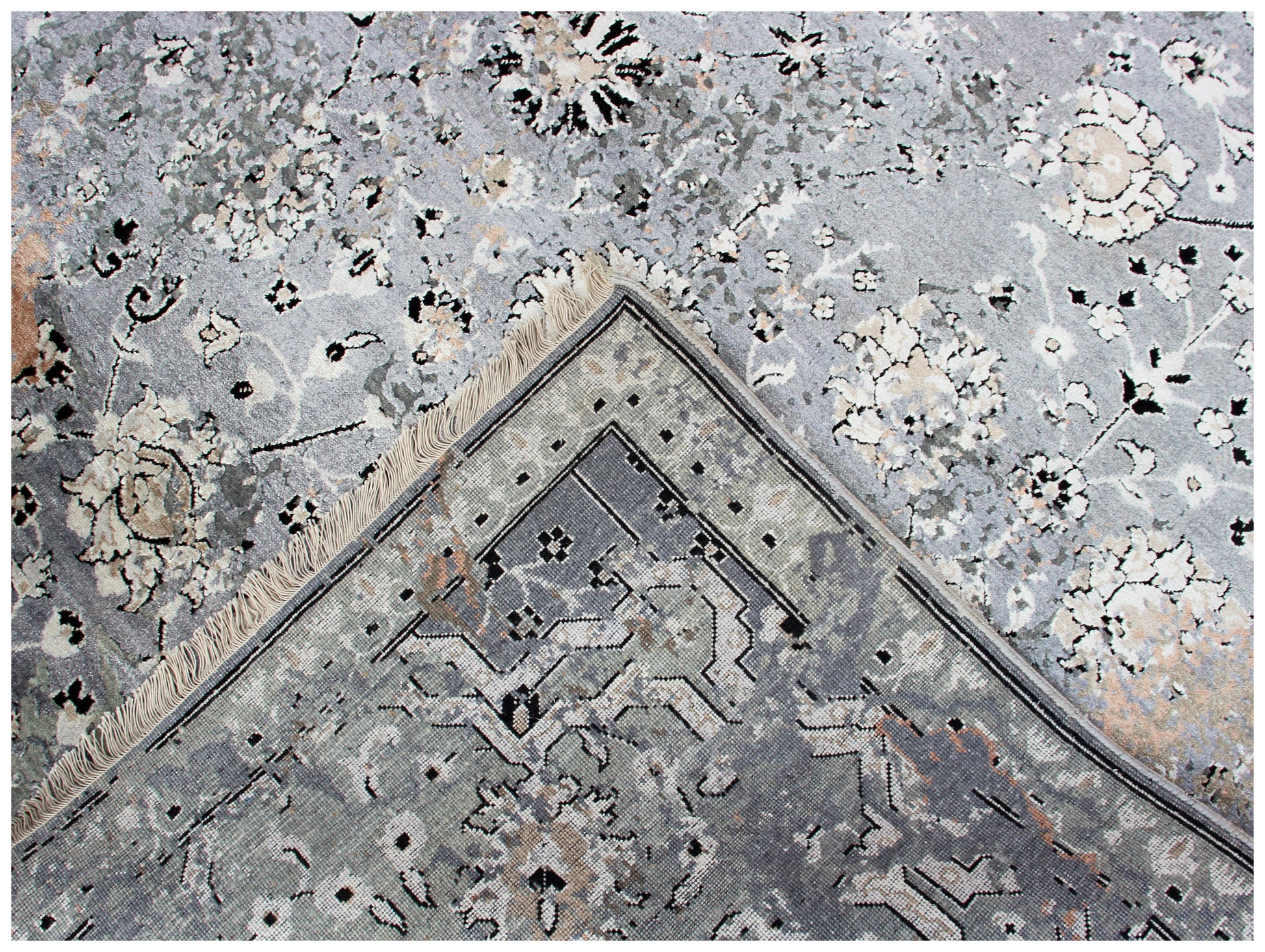 8x10 Hand Knotted Wool Viscose Steel Blue Ivory Blush Pink Traditional Persian Floral Bhadohi Area Rug