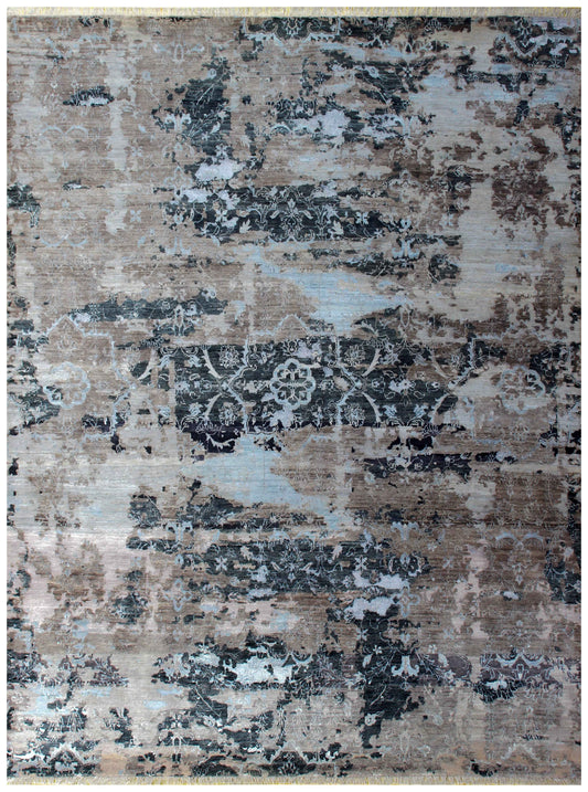 Taupe Beige Charcoal Ice Blue Silver Eroded Floral Modern Abstract Hand Knotted Wool Viscose 8x10 Bhadohi Area Rug
