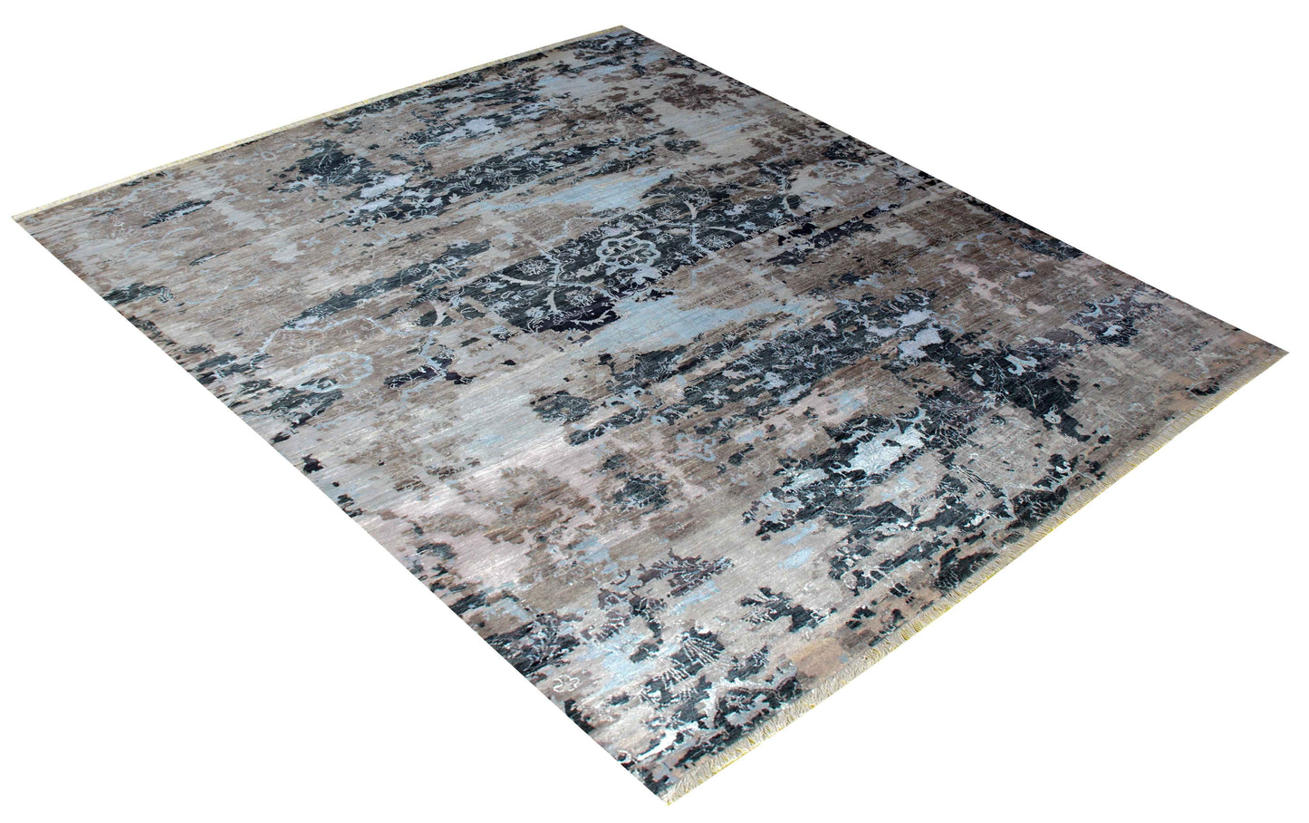 Taupe Beige Charcoal Ice Blue Silver Eroded Floral Modern Abstract Hand Knotted Wool Viscose 8x10 Bhadohi Area Rug