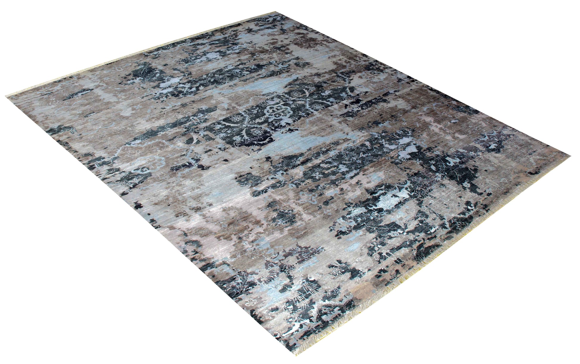 Taupe Beige Charcoal Ice Blue Silver Eroded Floral Modern Abstract Hand Knotted Wool Viscose 8x10 Bhadohi Area Rug