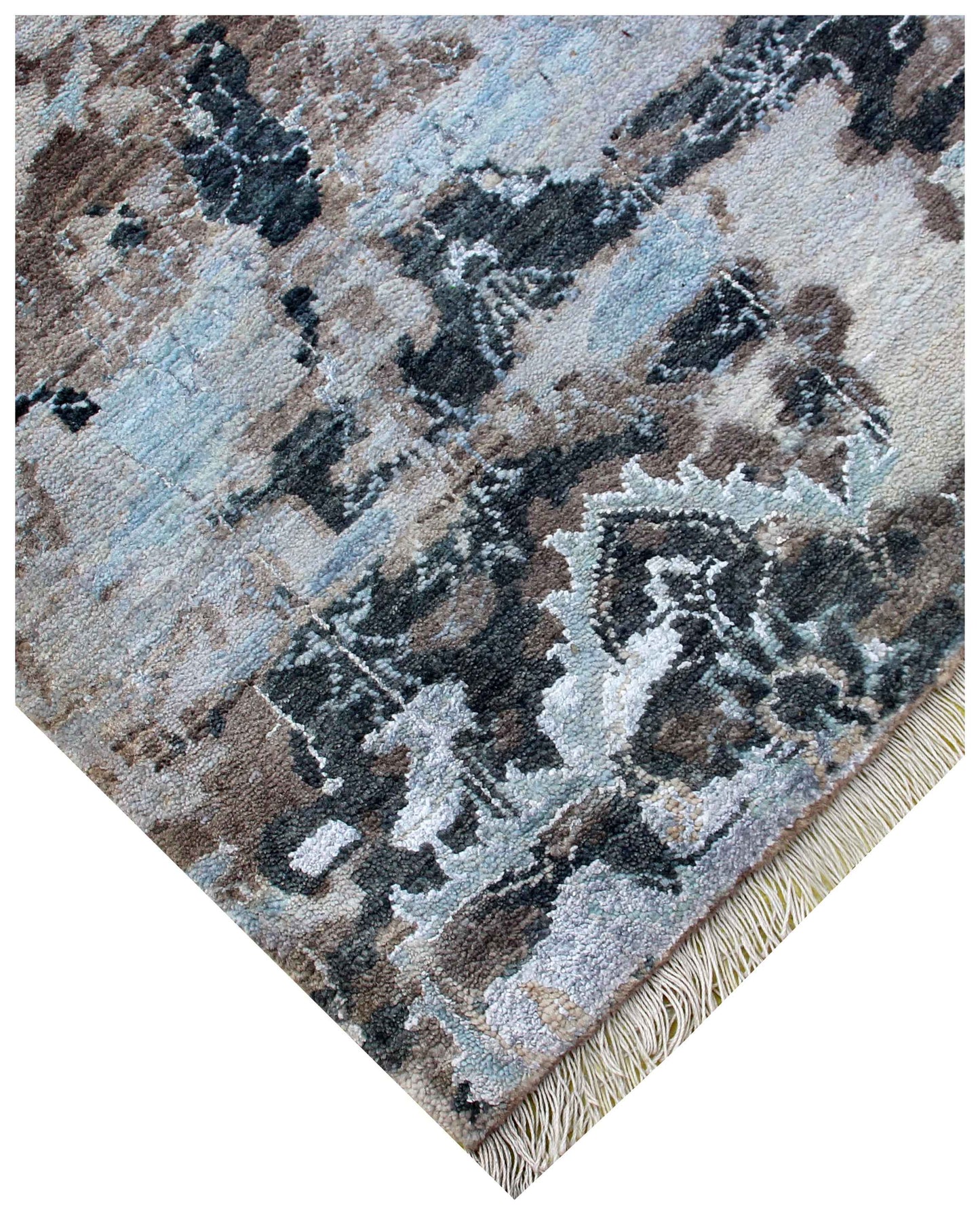 Taupe Beige Charcoal Ice Blue Silver Eroded Floral Modern Abstract Hand Knotted Wool Viscose 8x10 Bhadohi Area Rug