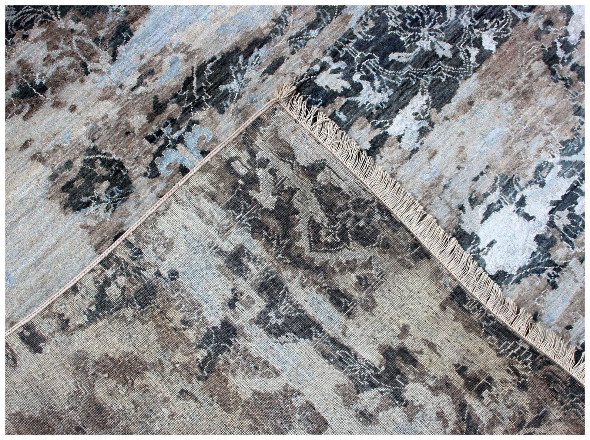 Taupe Beige Charcoal Ice Blue Silver Eroded Floral Modern Abstract Hand Knotted Wool Viscose 8x10 Bhadohi Area Rug