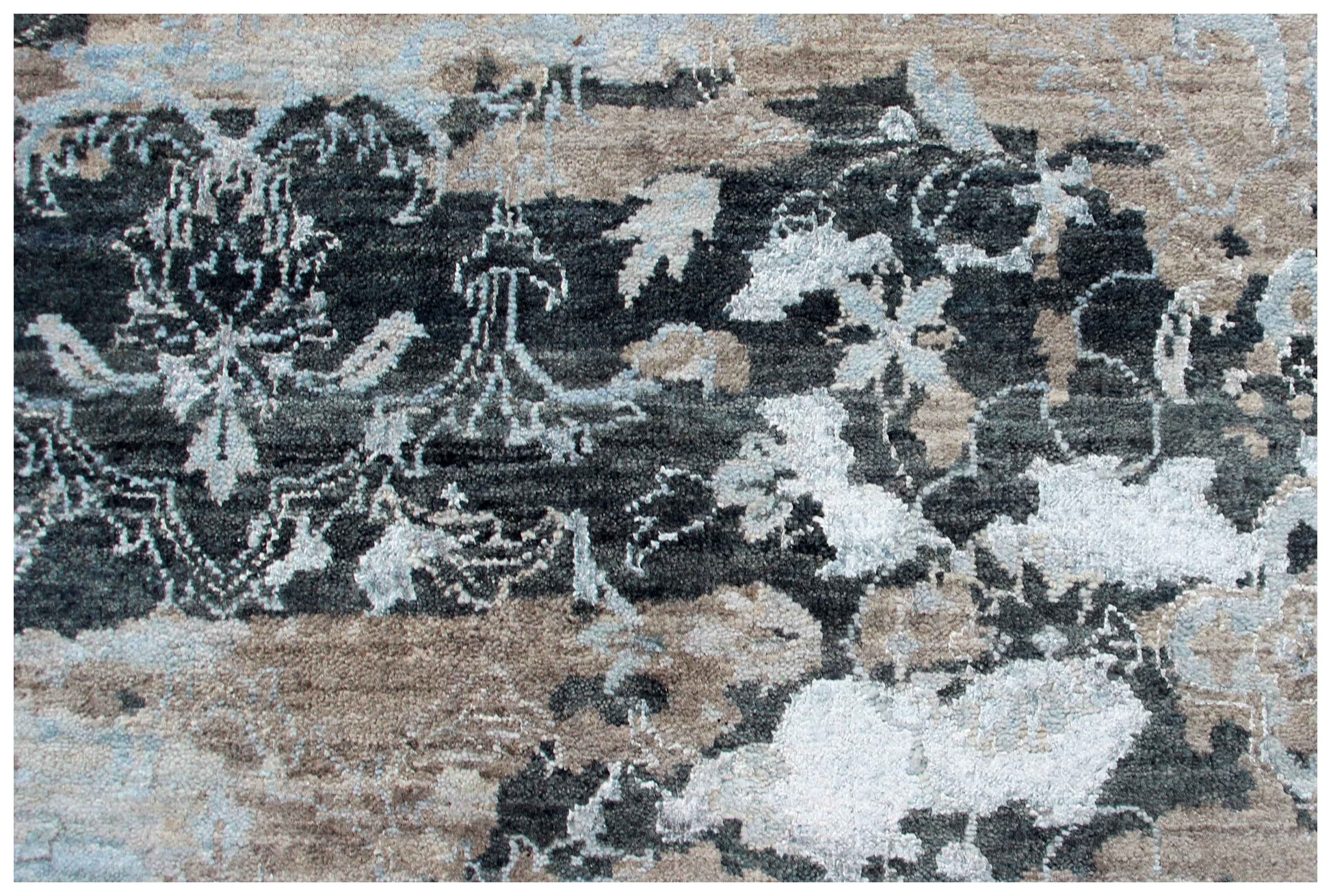 Taupe Beige Charcoal Ice Blue Silver Eroded Floral Modern Abstract Hand Knotted Wool Viscose 8x10 Bhadohi Area Rug