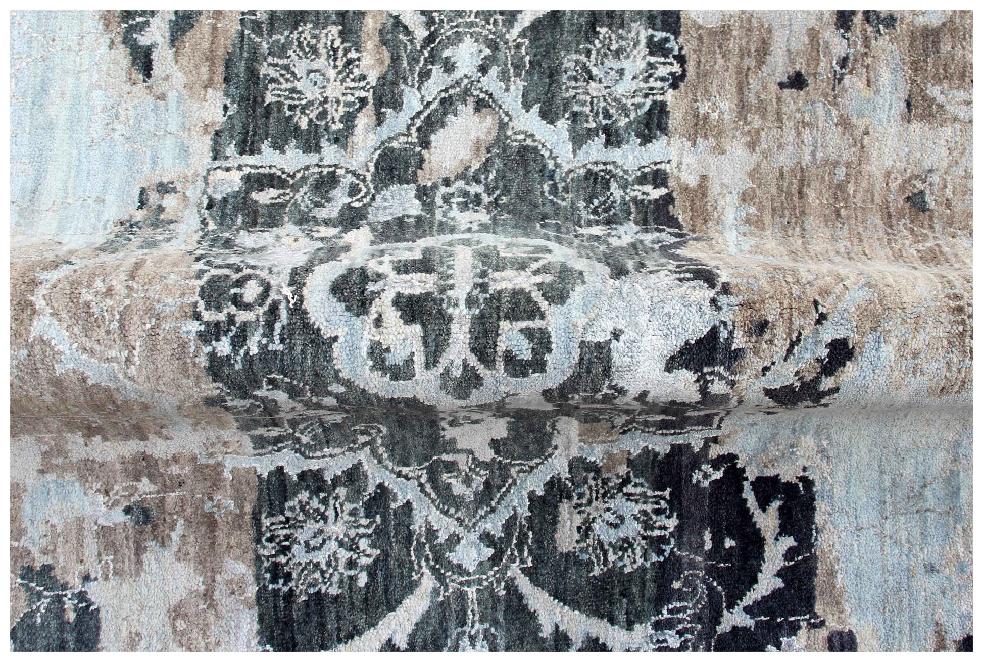 Taupe Beige Charcoal Ice Blue Silver Eroded Floral Modern Abstract Hand Knotted Wool Viscose 8x10 Bhadohi Area Rug