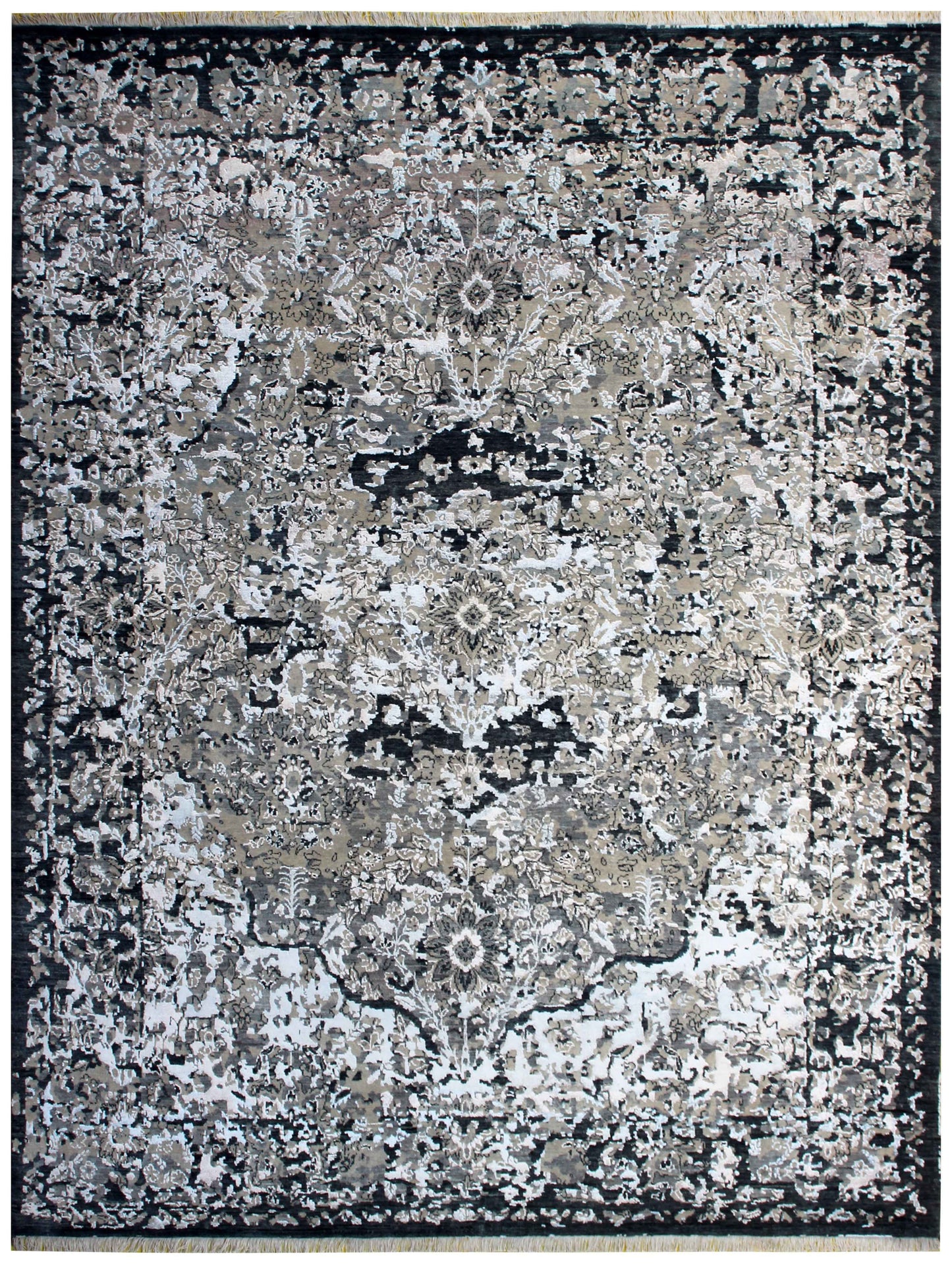 Silver Ivory Grey Charcoal Black Persian Floral Hand Knotted Wool Viscose 8x10 Bhadohi Area Rug