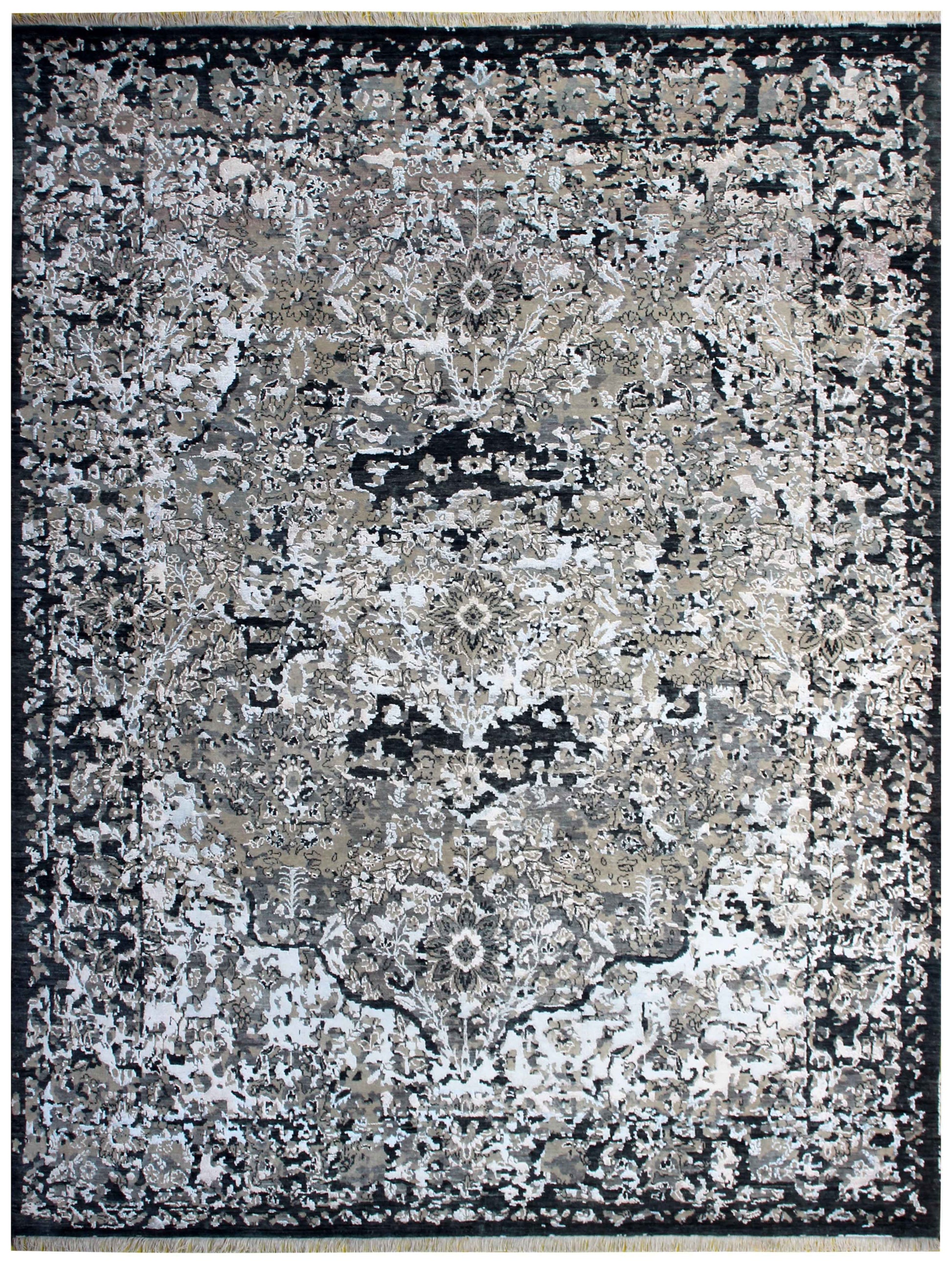 Silver Ivory Grey Charcoal Black Persian Floral Hand Knotted Wool Viscose 8x10 Bhadohi Area Rug