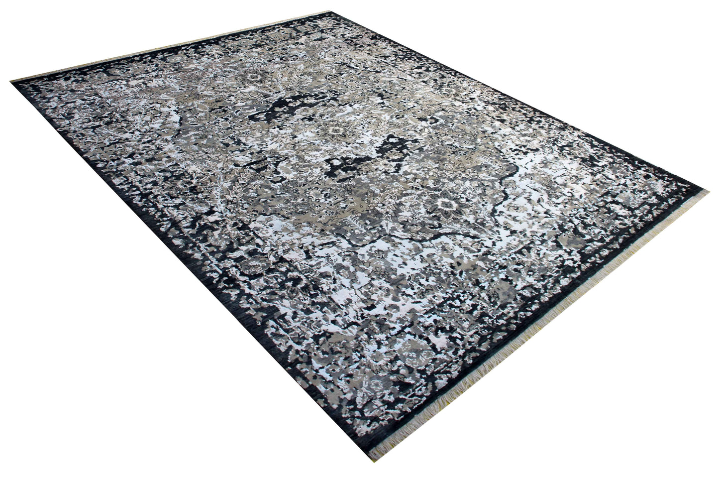 Silver Ivory Grey Charcoal Black Persian Floral Hand Knotted Wool Viscose 8x10 Bhadohi Area Rug