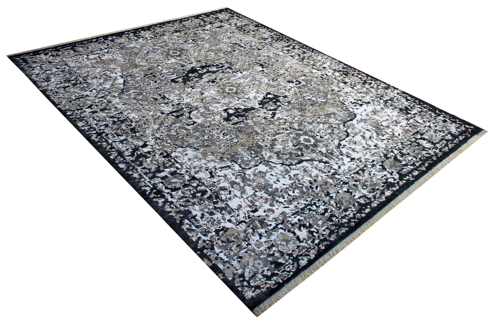 Silver Ivory Grey Charcoal Black Persian Floral Hand Knotted Wool Viscose 8x10 Bhadohi Area Rug