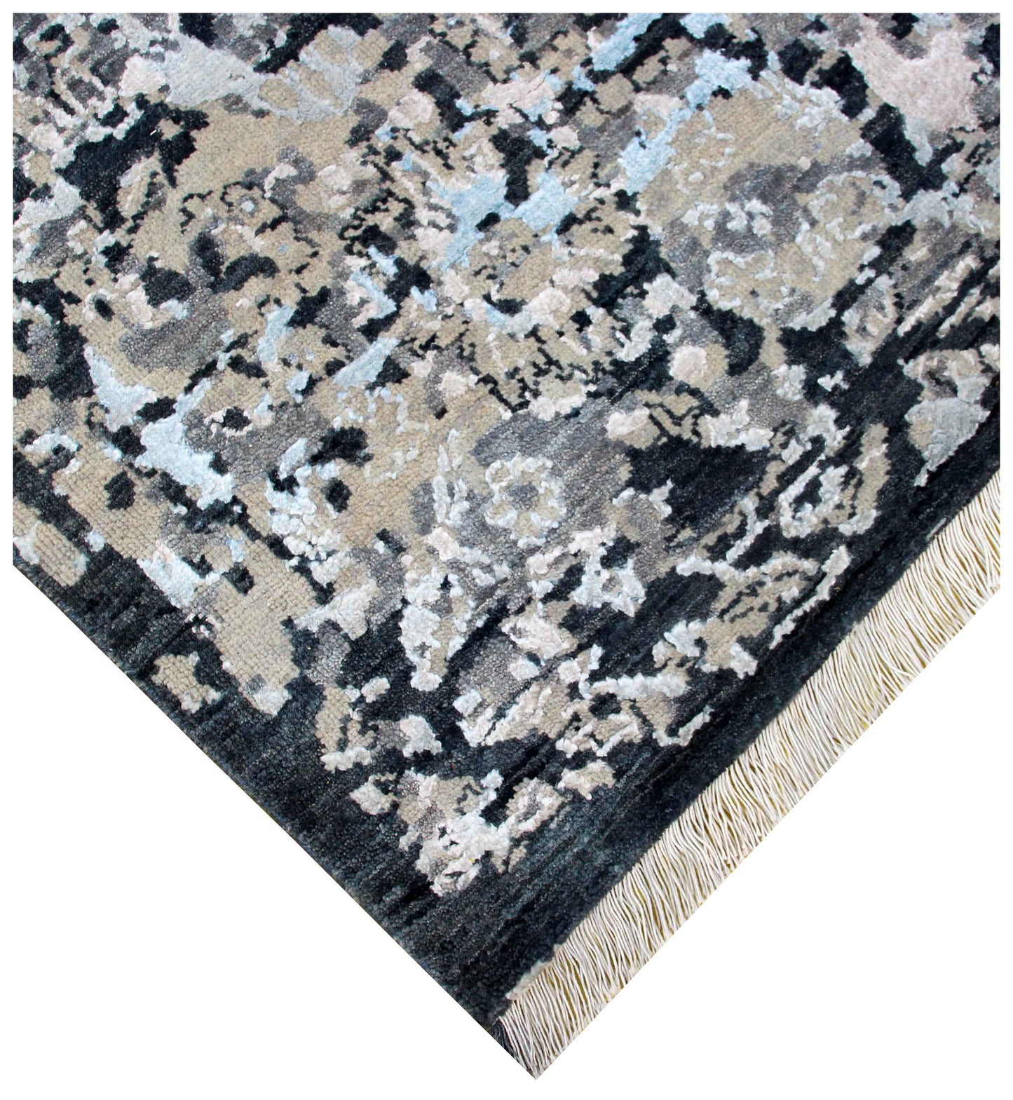 Silver Ivory Grey Charcoal Black Persian Floral Hand Knotted Wool Viscose 8x10 Bhadohi Area Rug