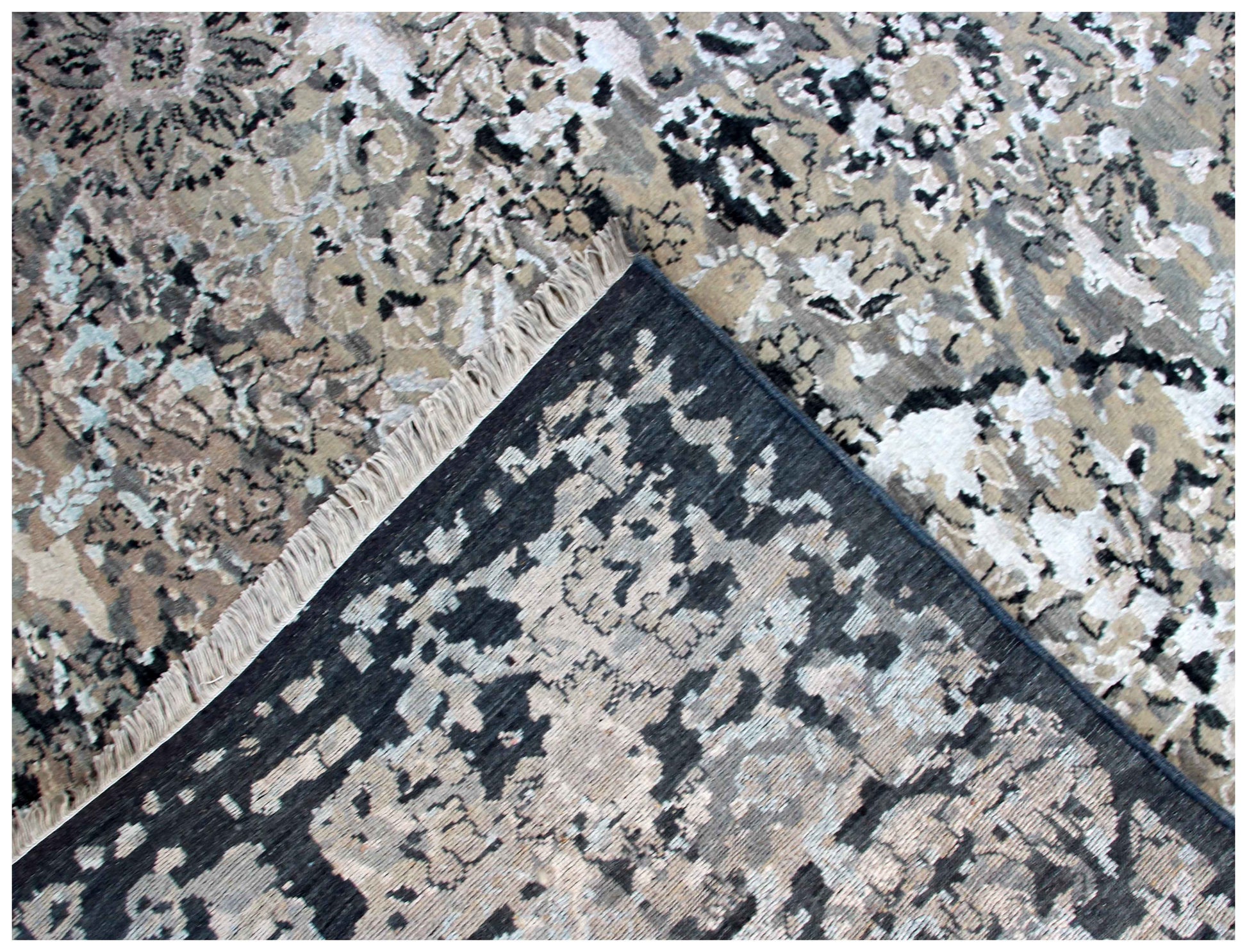 Silver Ivory Grey Charcoal Black Persian Floral Hand Knotted Wool Viscose 8x10 Bhadohi Area Rug