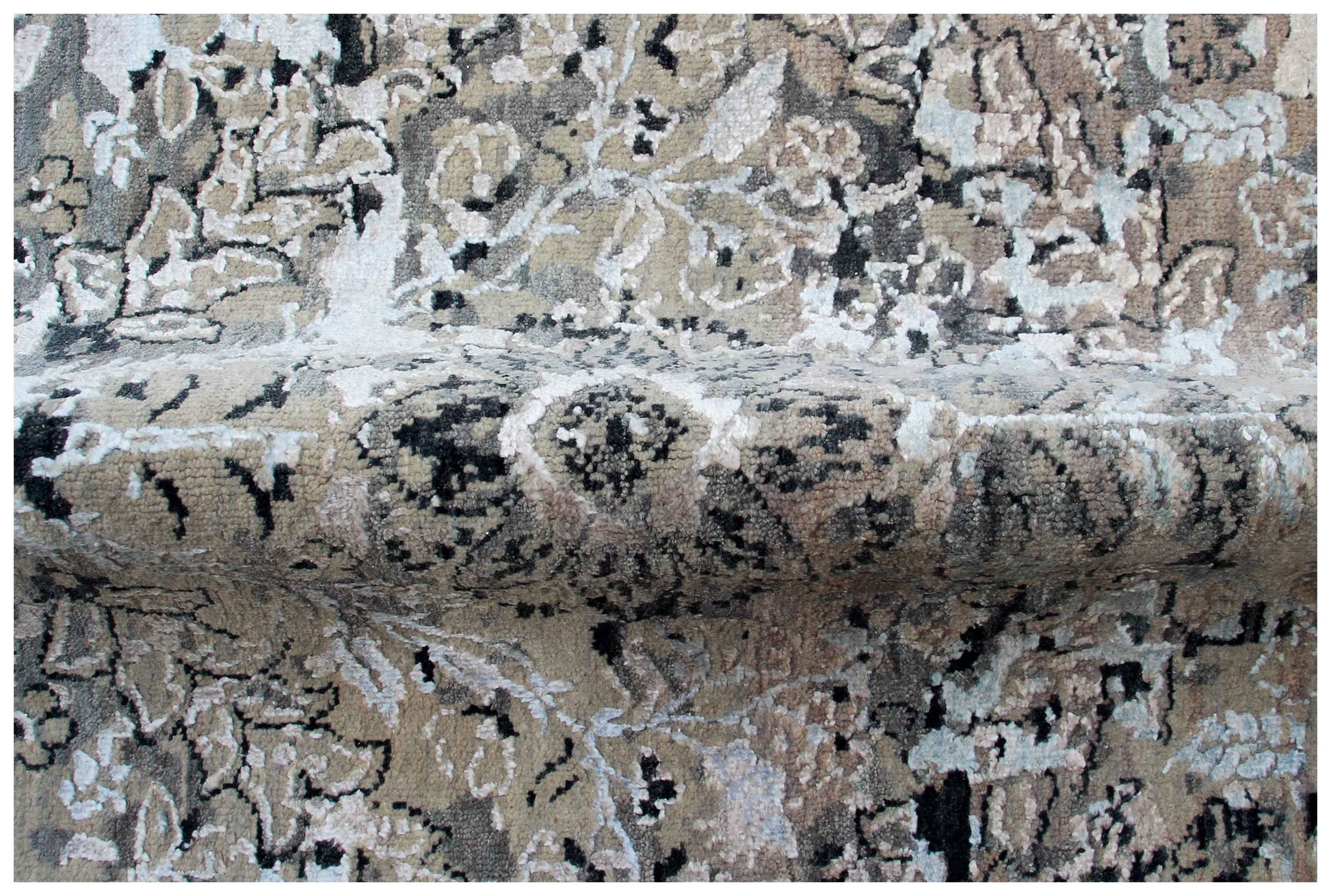 Silver Ivory Grey Charcoal Black Persian Floral Hand Knotted Wool Viscose 8x10 Bhadohi Area Rug