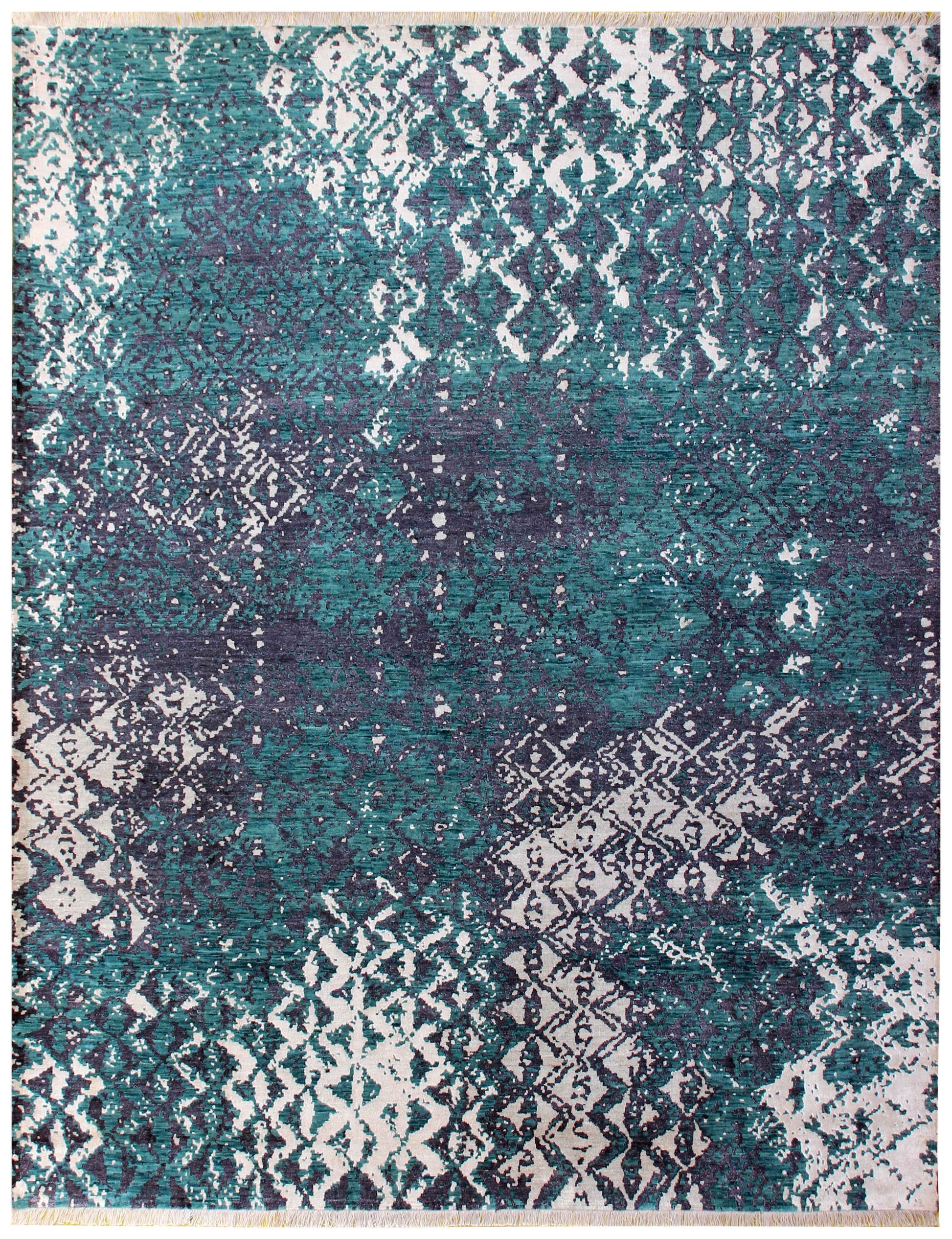 Teal Turquoise Charcoal Ivory Eroded Geometric Diamond Hand Knotted Wool Viscose 8x10 Bhadohi Area Rug
