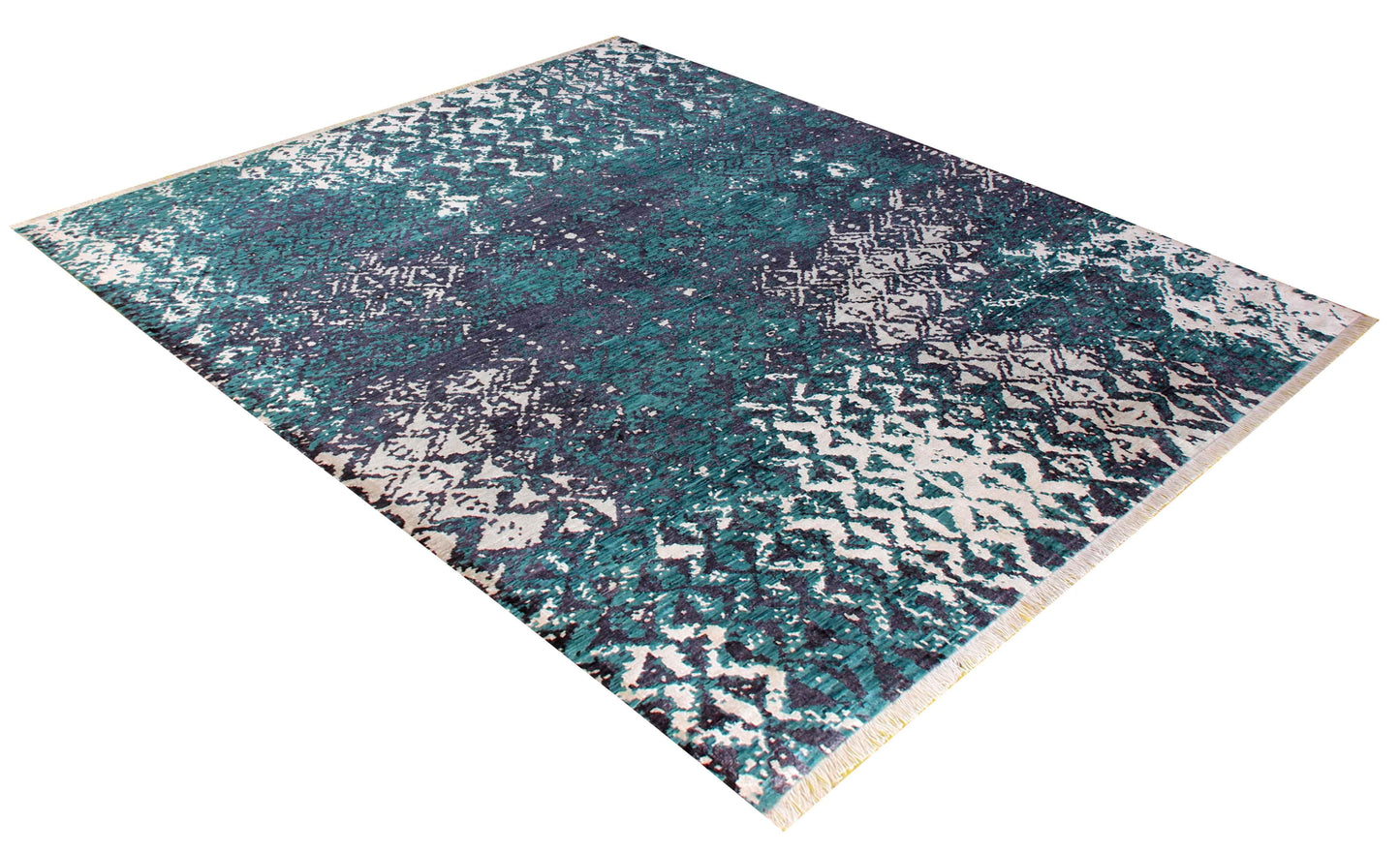 Teal Turquoise Charcoal Ivory Eroded Geometric Diamond Hand Knotted Wool Viscose 8x10 Bhadohi Area Rug
