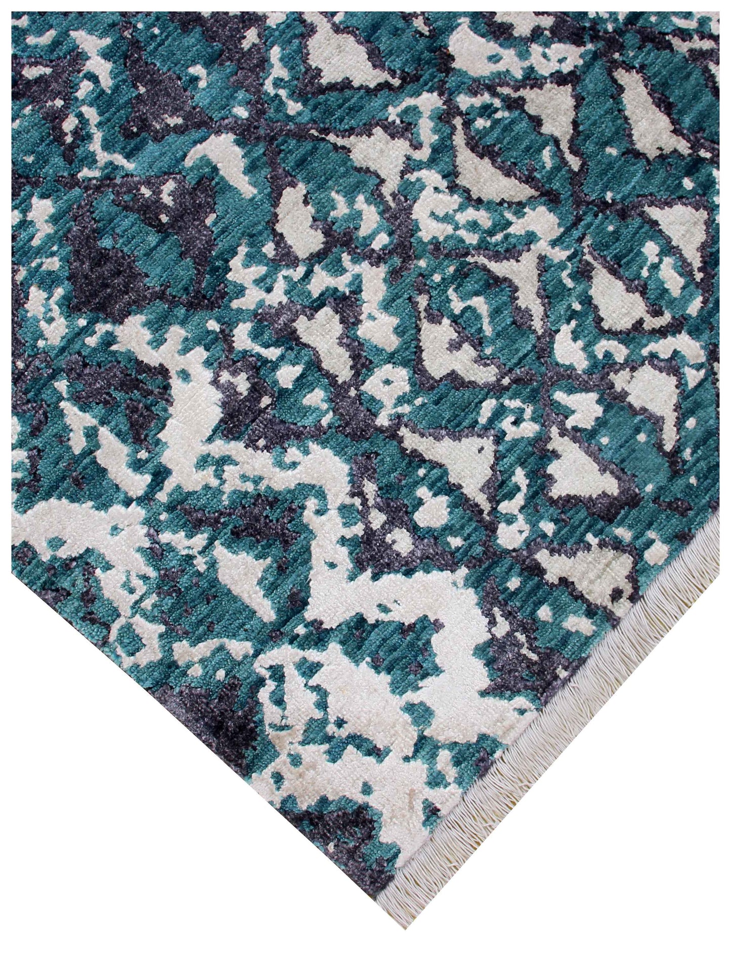 Teal Turquoise Charcoal Ivory Eroded Geometric Diamond Hand Knotted Wool Viscose 8x10 Bhadohi Area Rug