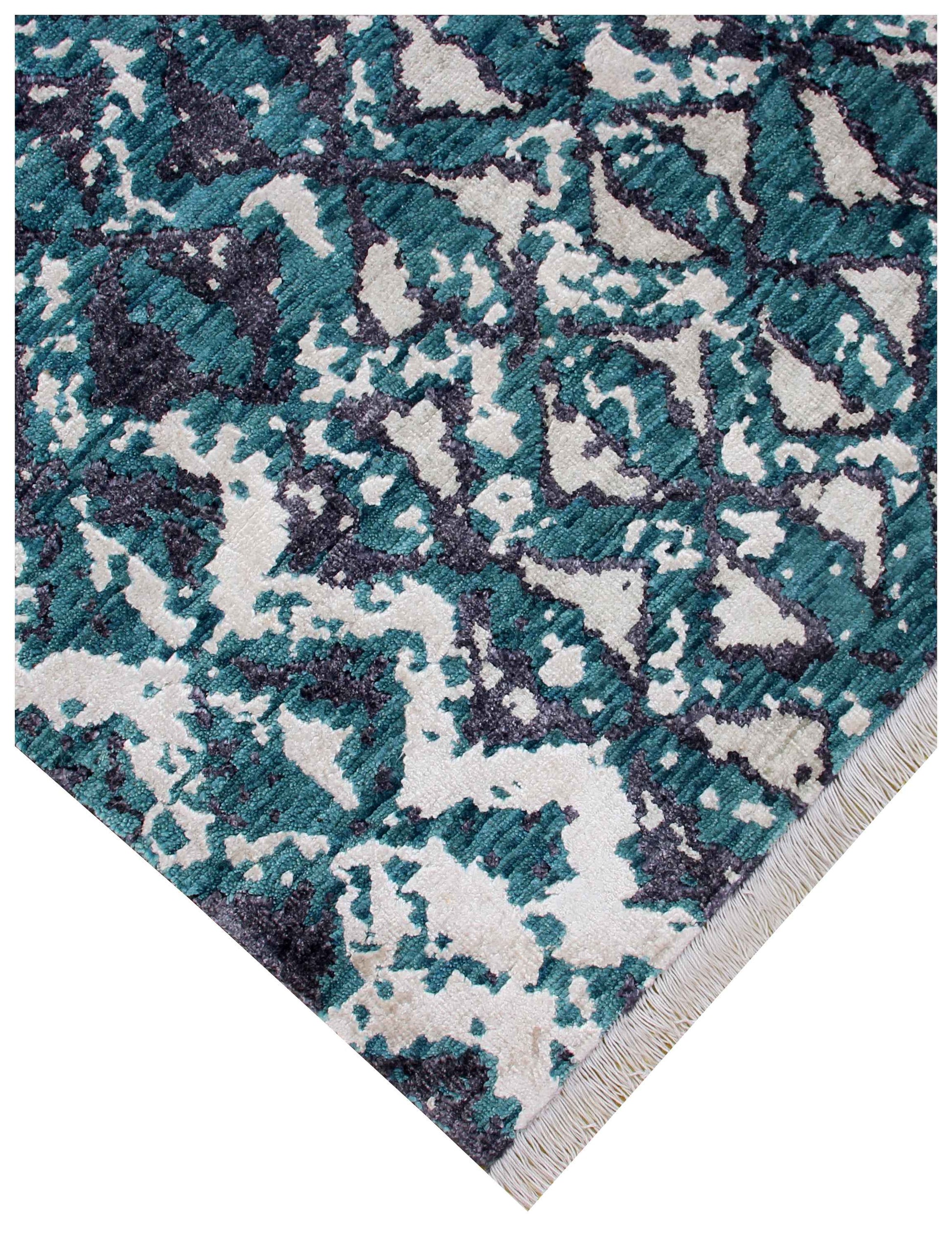Teal Turquoise Charcoal Ivory Eroded Geometric Diamond Hand Knotted Wool Viscose 8x10 Bhadohi Area Rug
