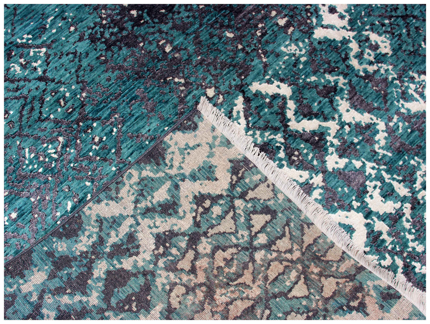 Teal Turquoise Charcoal Ivory Eroded Geometric Diamond Hand Knotted Wool Viscose 8x10 Bhadohi Area Rug