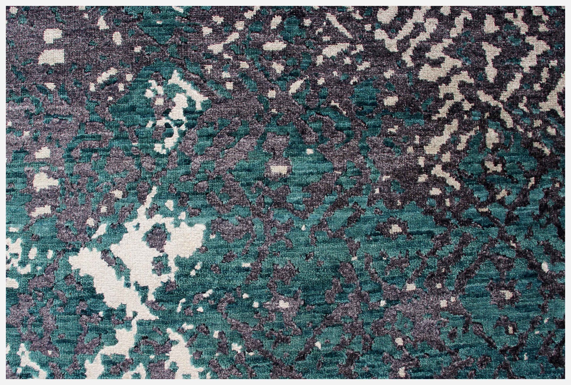 Teal Turquoise Charcoal Ivory Eroded Geometric Diamond Hand Knotted Wool Viscose 8x10 Bhadohi Area Rug