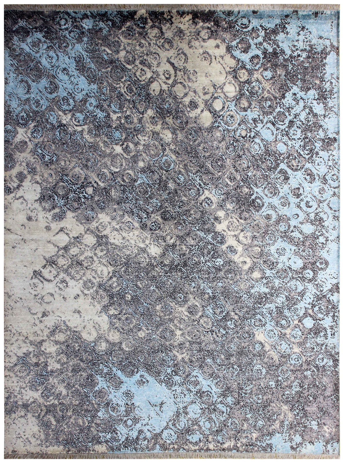 Silver Blue Grey Brown Taupe Ivory Eroded Circular Ring Modern Abstract Hand Knotted Wool Viscose 8x10 Bhadohi Area Rug