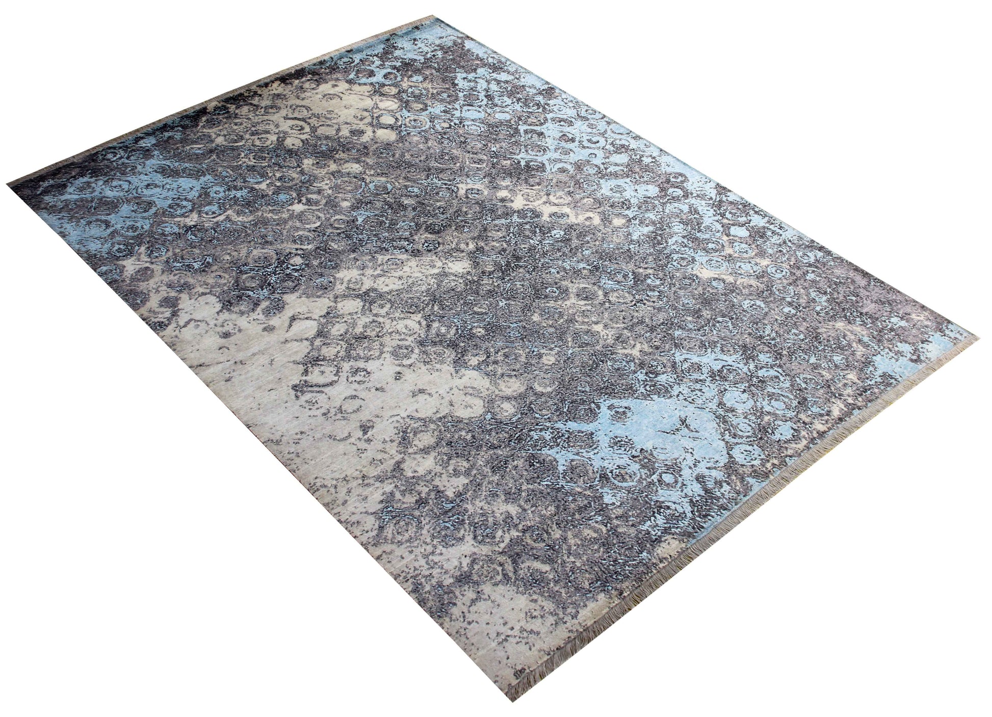 Silver Blue Grey Brown Taupe Ivory Eroded Circular Ring Modern Abstract Hand Knotted Wool Viscose 8x10 Bhadohi Area Rug