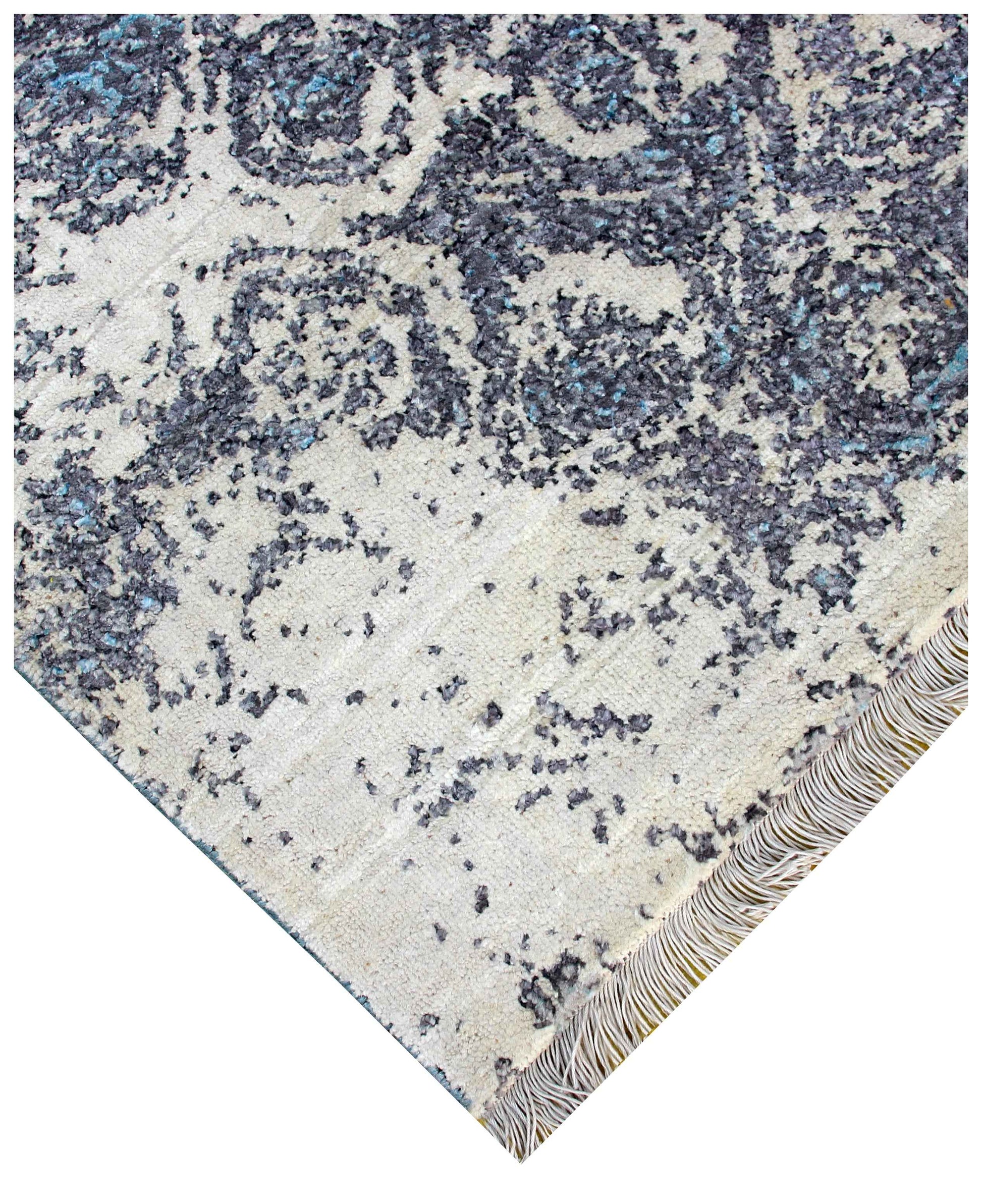 Silver Blue Grey Brown Taupe Ivory Eroded Circular Ring Modern Abstract Hand Knotted Wool Viscose 8x10 Bhadohi Area Rug