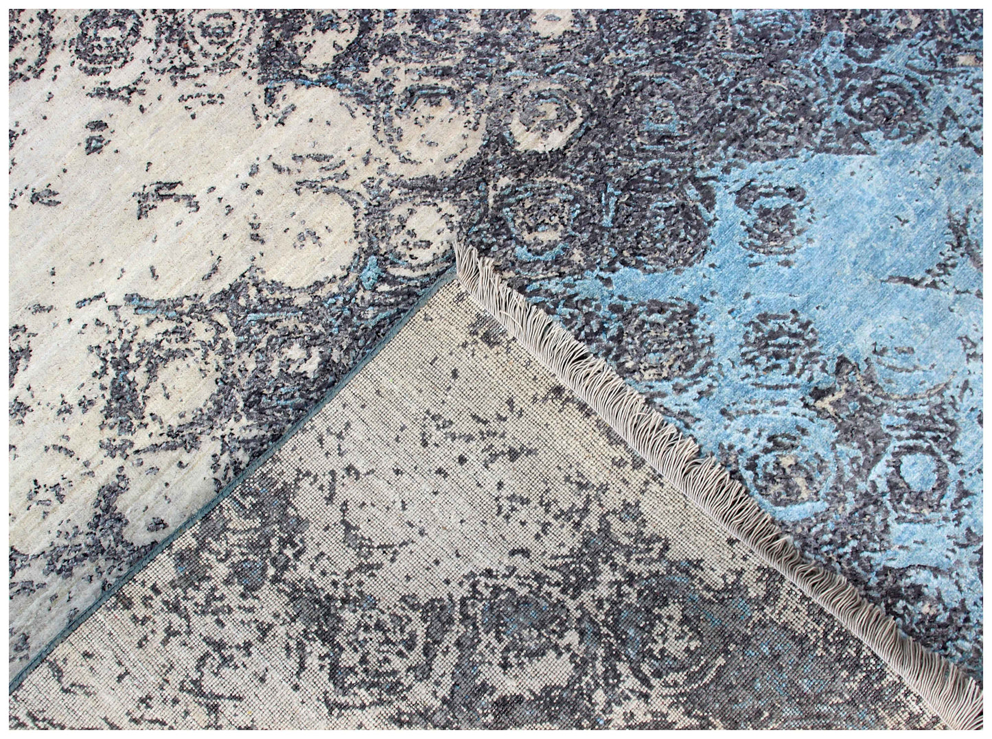 Silver Blue Grey Brown Taupe Ivory Eroded Circular Ring Modern Abstract Hand Knotted Wool Viscose 8x10 Bhadohi Area Rug