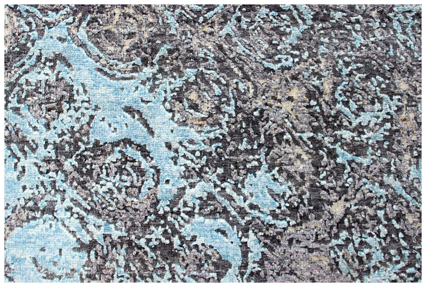 Silver Blue Grey Brown Taupe Ivory Eroded Circular Ring Modern Abstract Hand Knotted Wool Viscose 8x10 Bhadohi Area Rug