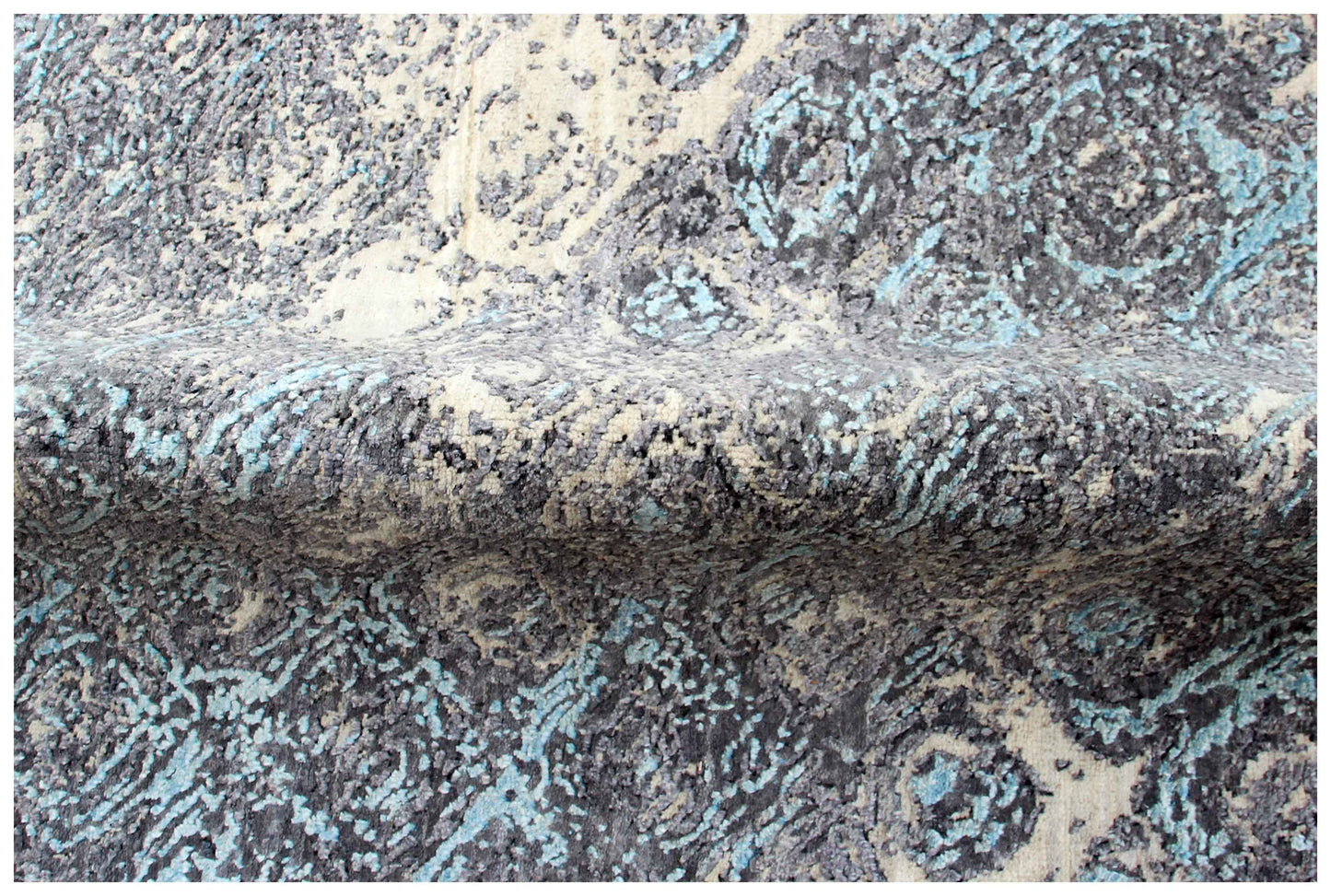Silver Blue Grey Brown Taupe Ivory Eroded Circular Ring Modern Abstract Hand Knotted Wool Viscose 8x10 Bhadohi Area Rug