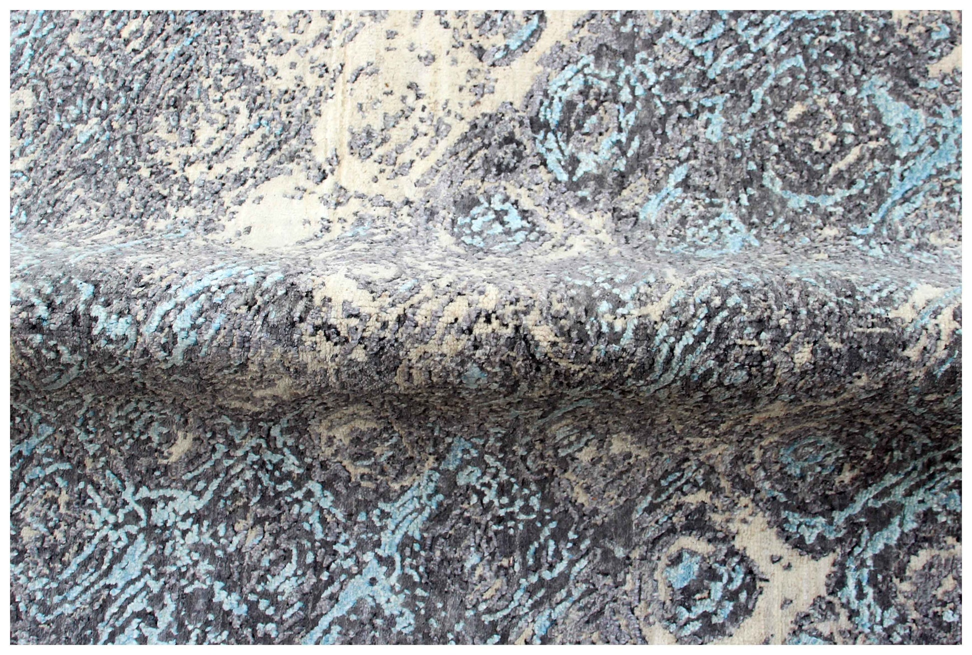 Silver Blue Grey Brown Taupe Ivory Eroded Circular Ring Modern Abstract Hand Knotted Wool Viscose 8x10 Bhadohi Area Rug