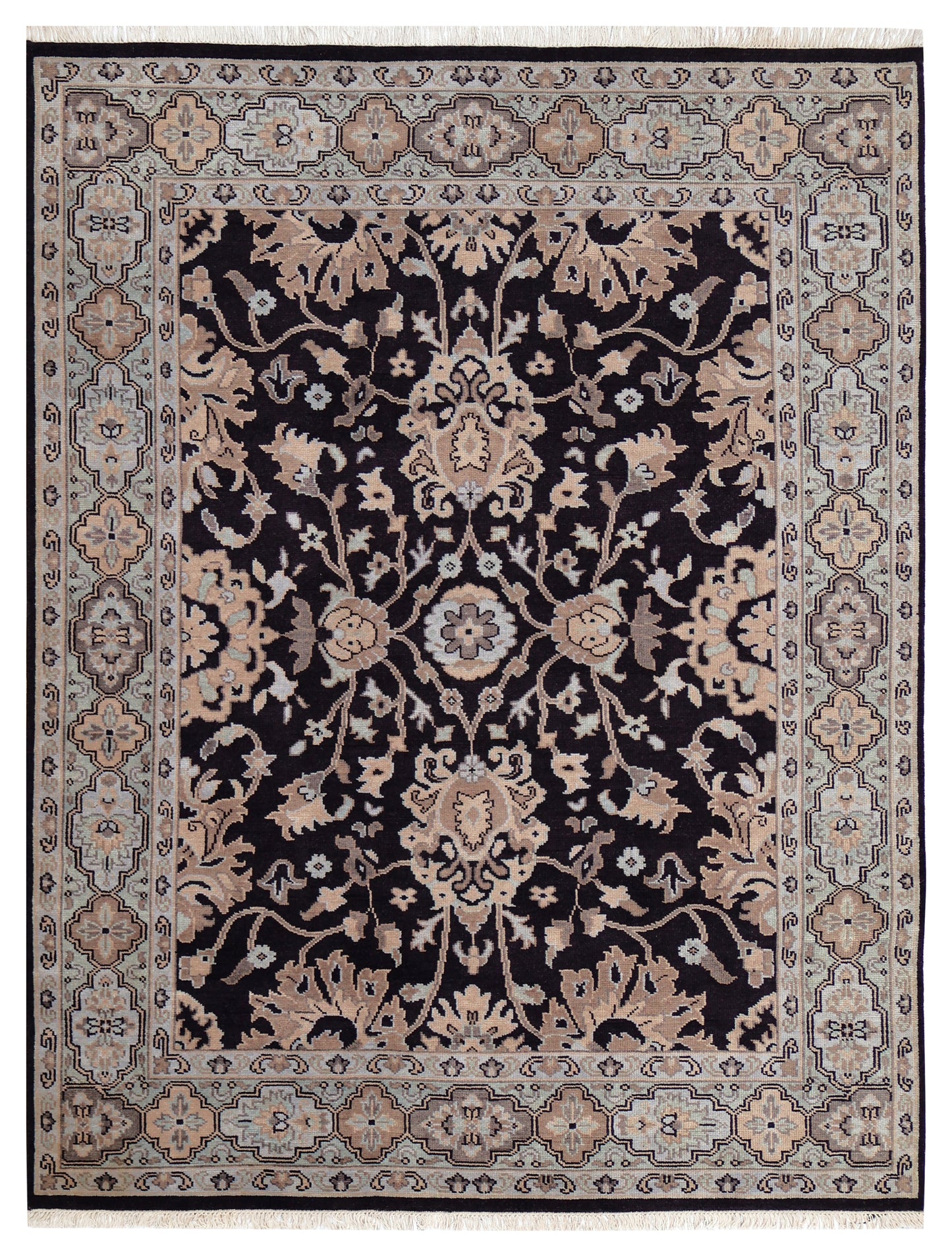 Premium look Vintage Style Black Silver Peach Beige Traditional Turkish Floral Vine Hand Knotted Wool 8x10 Bhadohi Area Rug