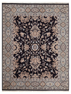 Premium look Vintage Style Black Silver Peach Beige Traditional Turkish Floral Vine Hand Knotted Wool 8x10 Bhadohi Area Rug