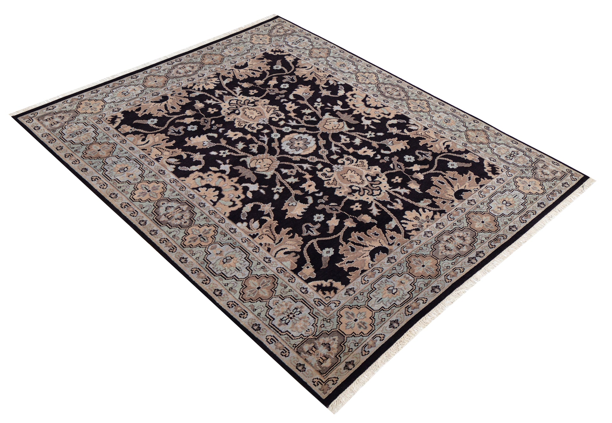Premium look Vintage Style Black Silver Peach Beige Traditional Turkish Floral Vine Hand Knotted Wool 8x10 Bhadohi Area Rug