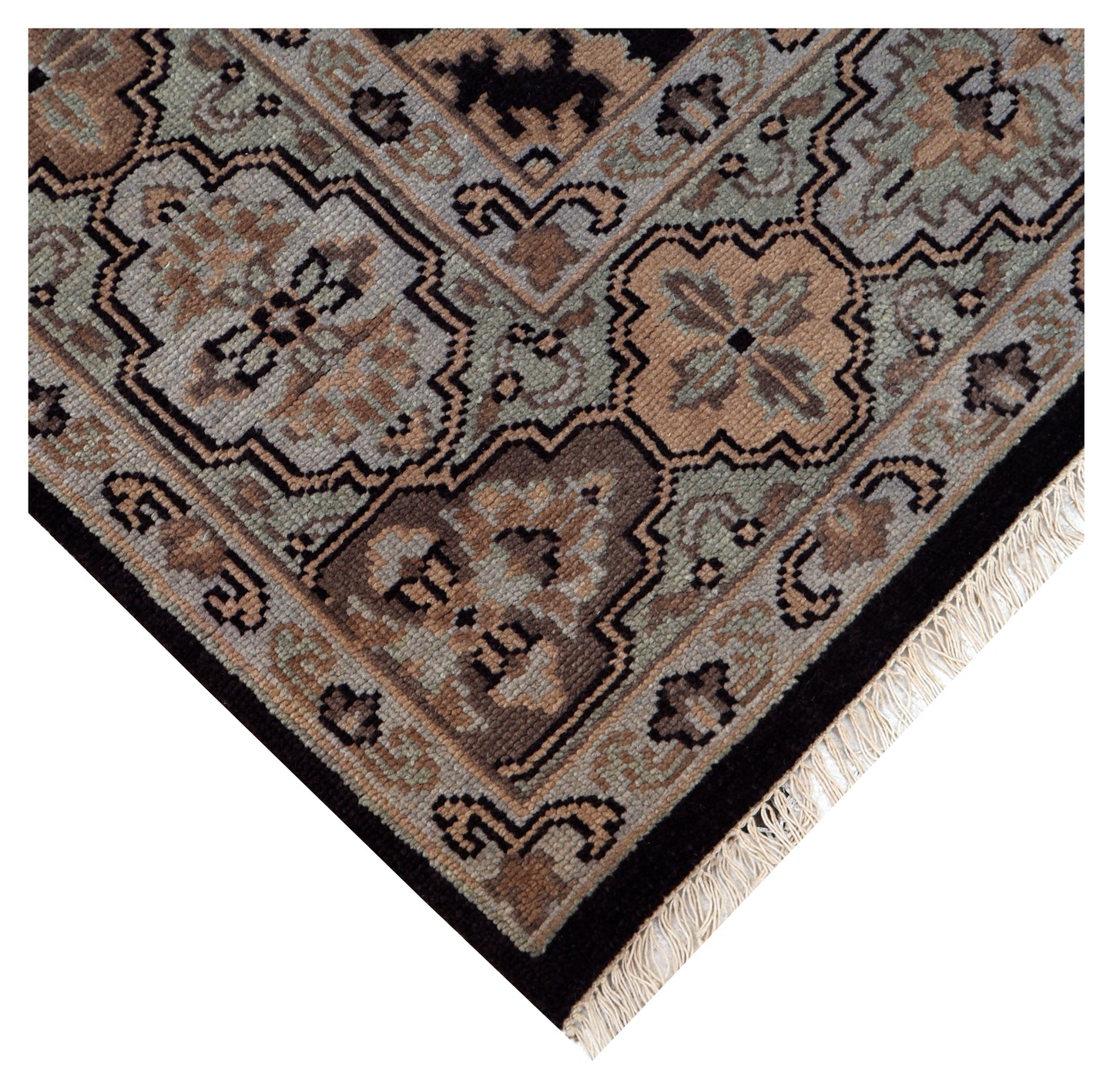 Premium look Vintage Style Black Silver Peach Beige Traditional Turkish Floral Vine Hand Knotted Wool 8x10 Bhadohi Area Rug