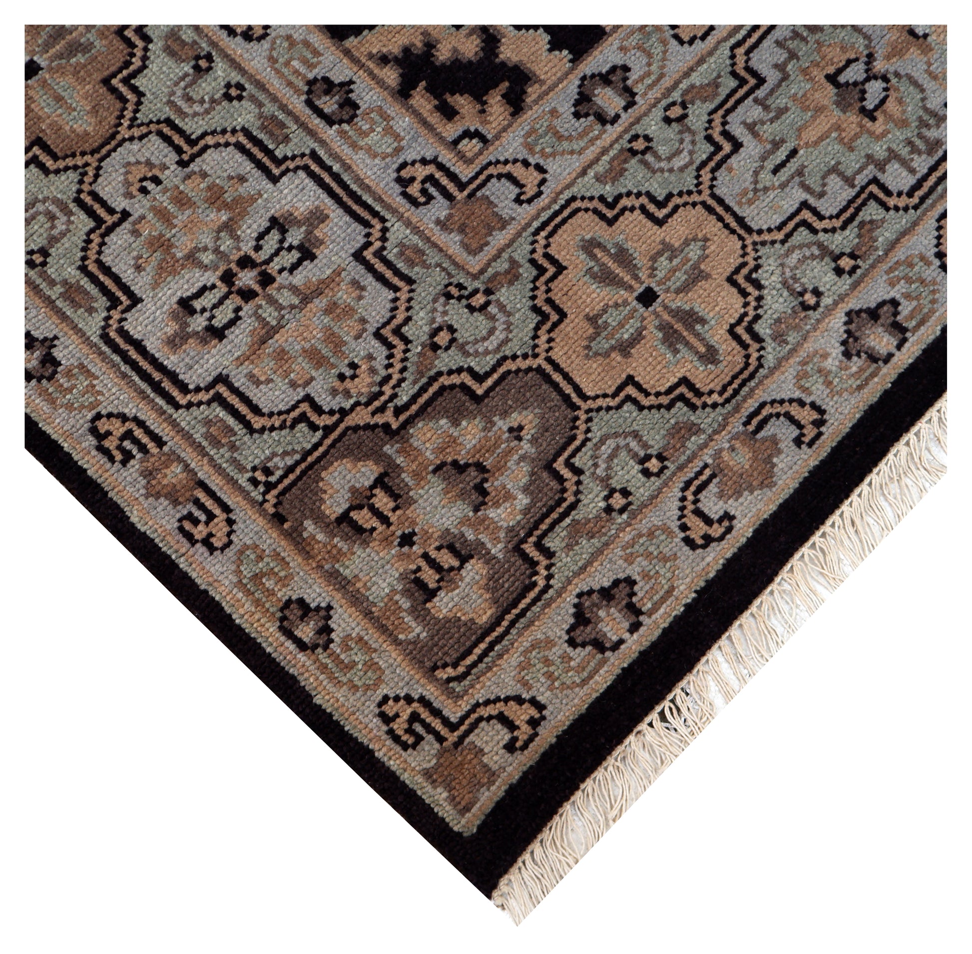 Premium look Vintage Style Black Silver Peach Beige Traditional Turkish Floral Vine Hand Knotted Wool 8x10 Bhadohi Area Rug