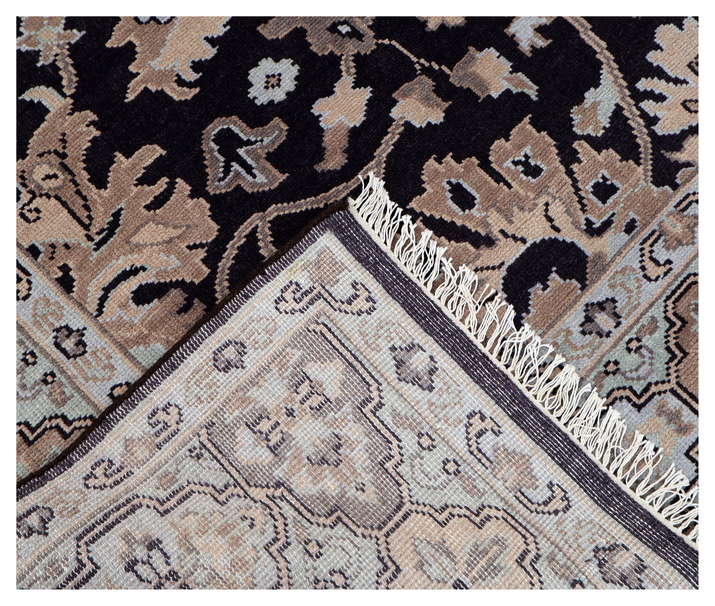Premium look Vintage Style Black Silver Peach Beige Traditional Turkish Floral Vine Hand Knotted Wool 8x10 Bhadohi Area Rug