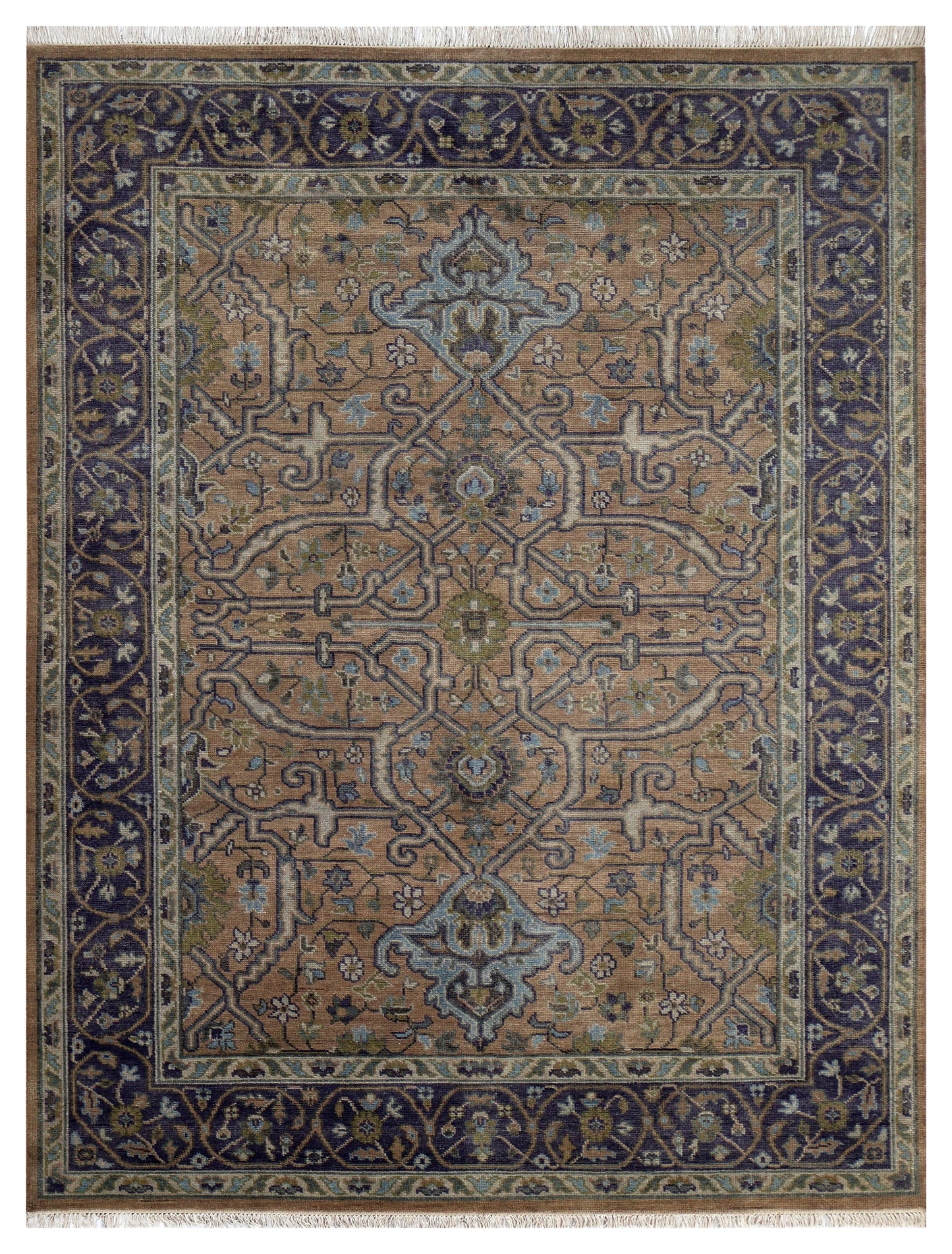 Vintage Rust Caramel Violet Plum Teal Traditional Heriz Floral Lattice Hand Knotted Wool 8x10 Bhadohi Area Rug