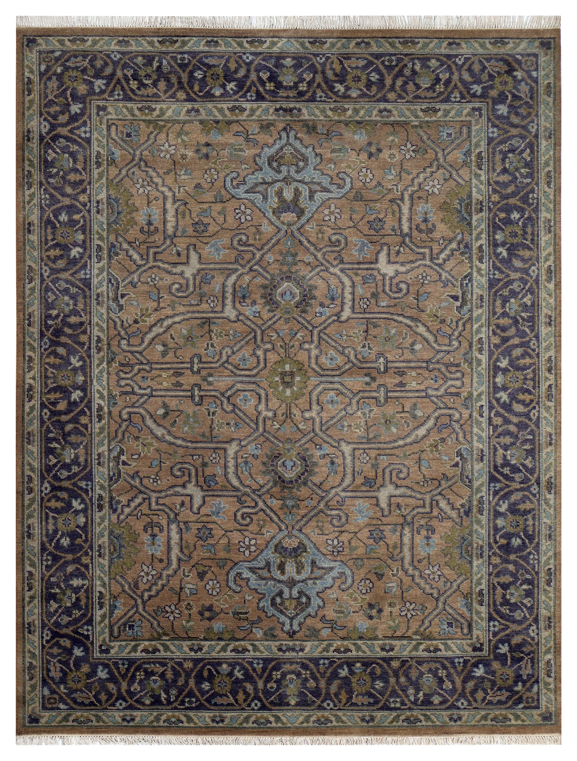 Vintage Rust Caramel Violet Plum Teal Traditional Heriz Floral Lattice Hand Knotted Wool 8x10 Bhadohi Area Rug