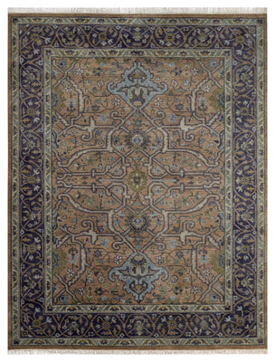 Vintage Rust Caramel Violet Plum Teal Traditional Heriz Floral Lattice Hand Knotted Wool 8x10 Bhadohi Area Rug