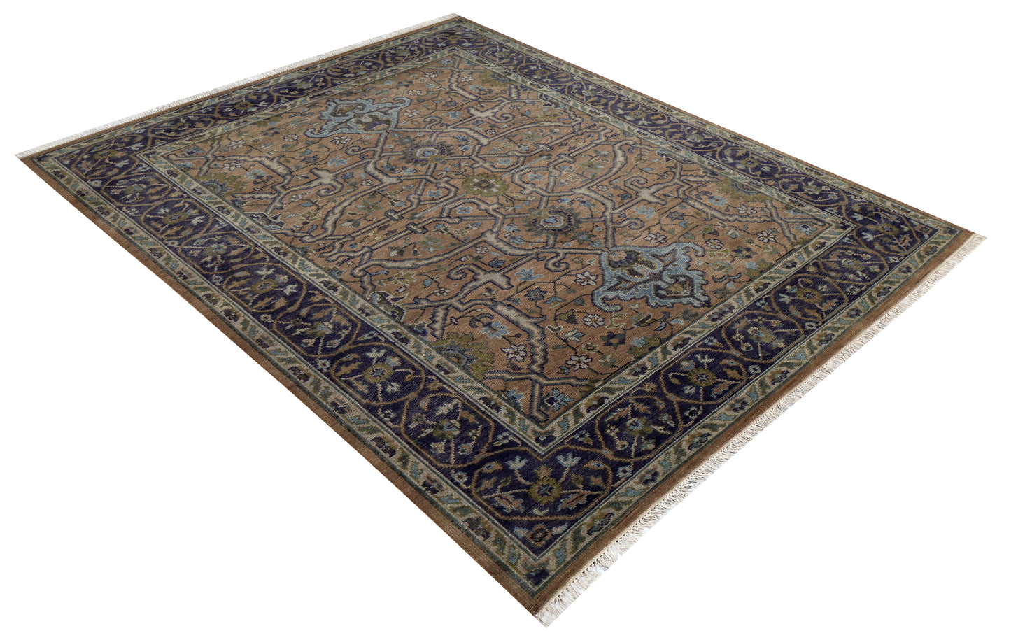 Vintage Rust Caramel Violet Plum Teal Traditional Heriz Floral Lattice Hand Knotted Wool 8x10 Bhadohi Area Rug